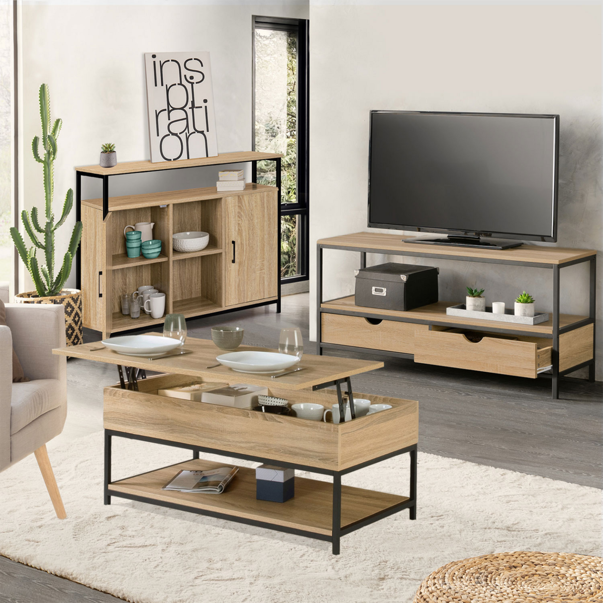ID MARKET Ensemble meubles de salon buffet, table basse relevable et meuble TV DETROIT design industriel
