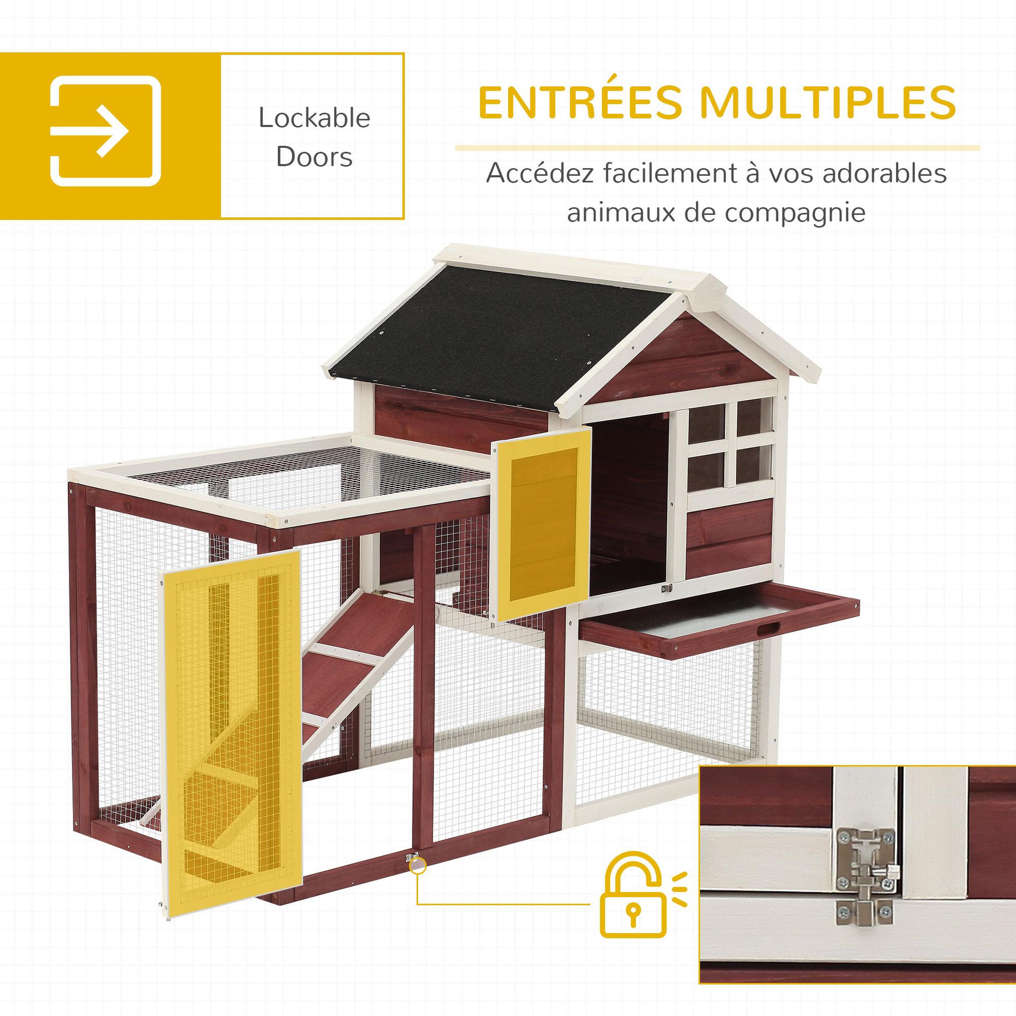 Voir la diapositive 5 : PAWHUT Clapier cage à lapins multi-équipé : niche supérieure avec rampe, plateau excrément, fenêtre + enclos  extérieur sécurisé 2 portes 122l x 63l x 92h cm rouge brique
