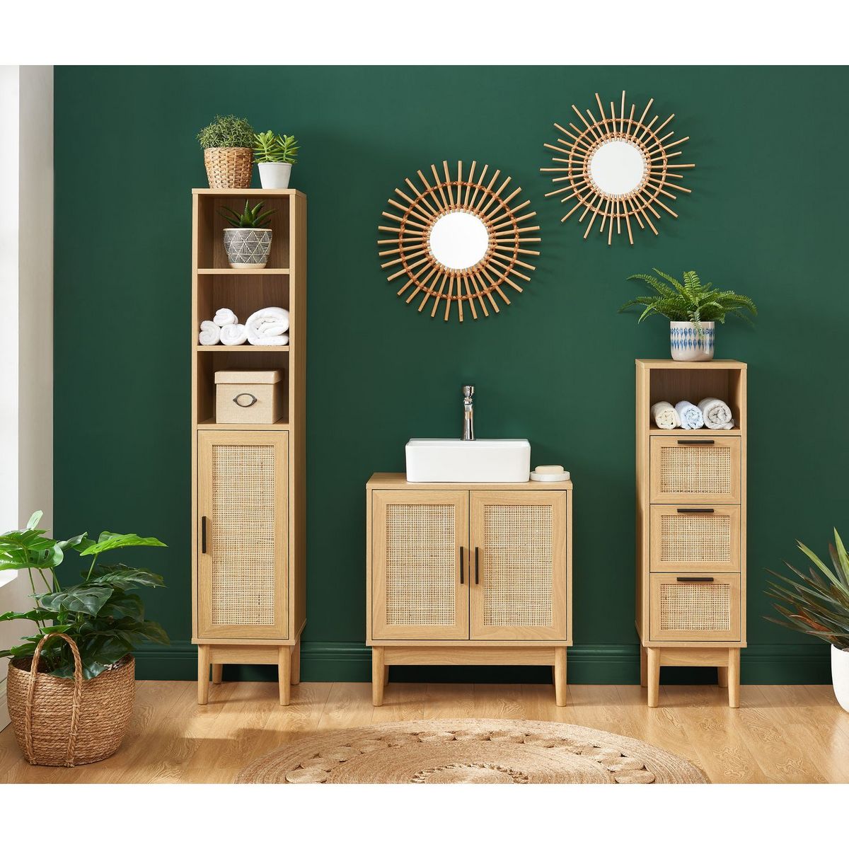 Colonne de rangement salle de bain avec cannage naturel H150cm AMANDINE 