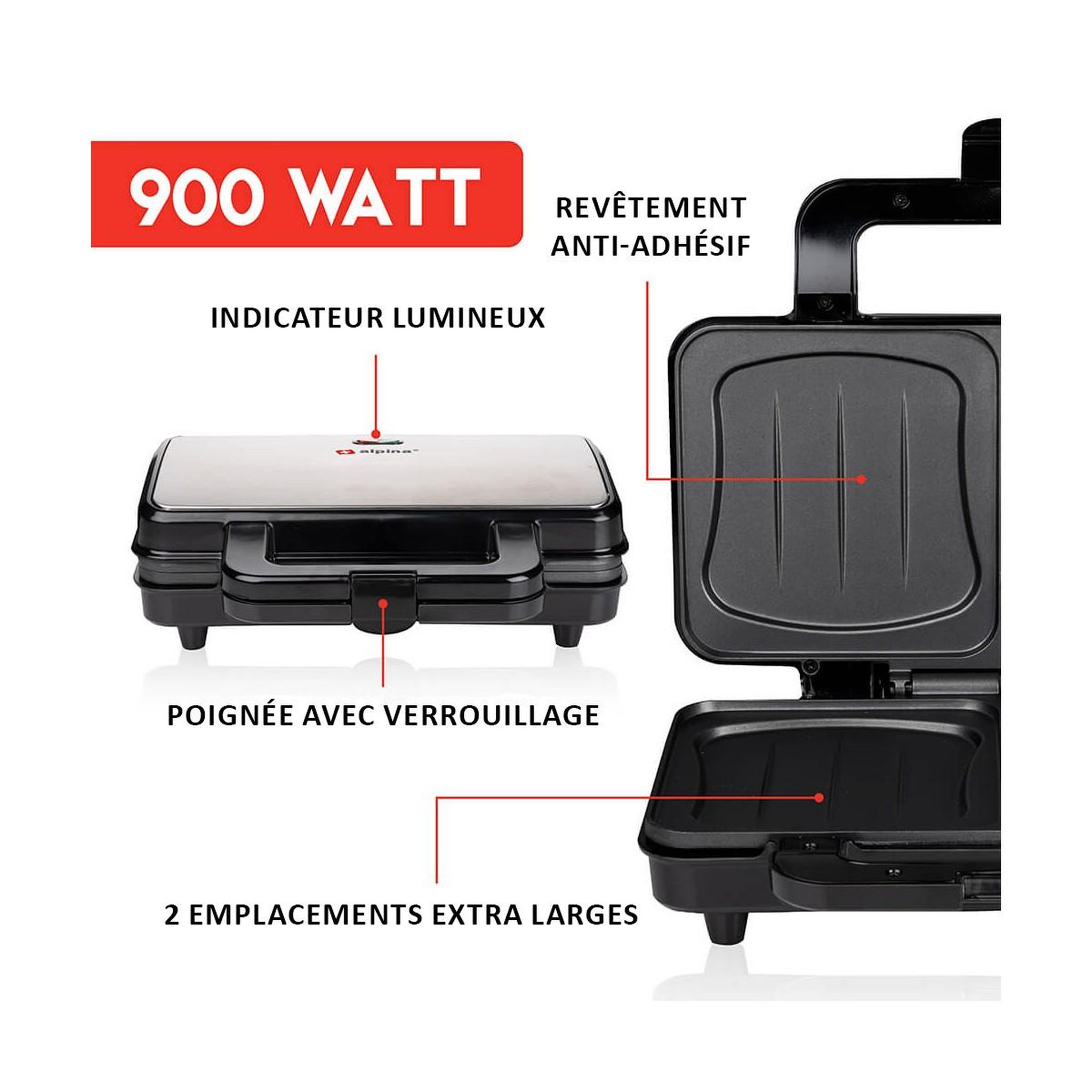 Voir la diapositive 2 : Alpina Appareil à croque monsieur 900W Plaque anti-adhésive ALPINA