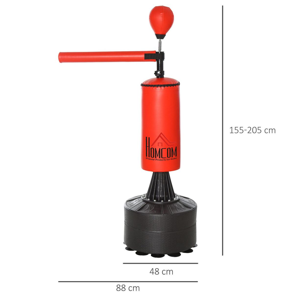 HOMCOM Sac de frappe boxe autoportant punching ball brunier 3 en 1 revêtement synthétique dim. 88L x 48l x 155-205H cm rouge noir