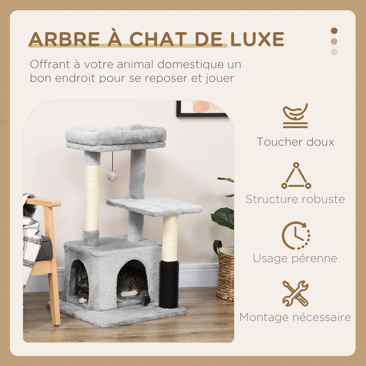 PAWHUT Arbre à chat griffoirs sisal naturel et massant grande niche plateforme panier jeu boule suspendue peluche gris