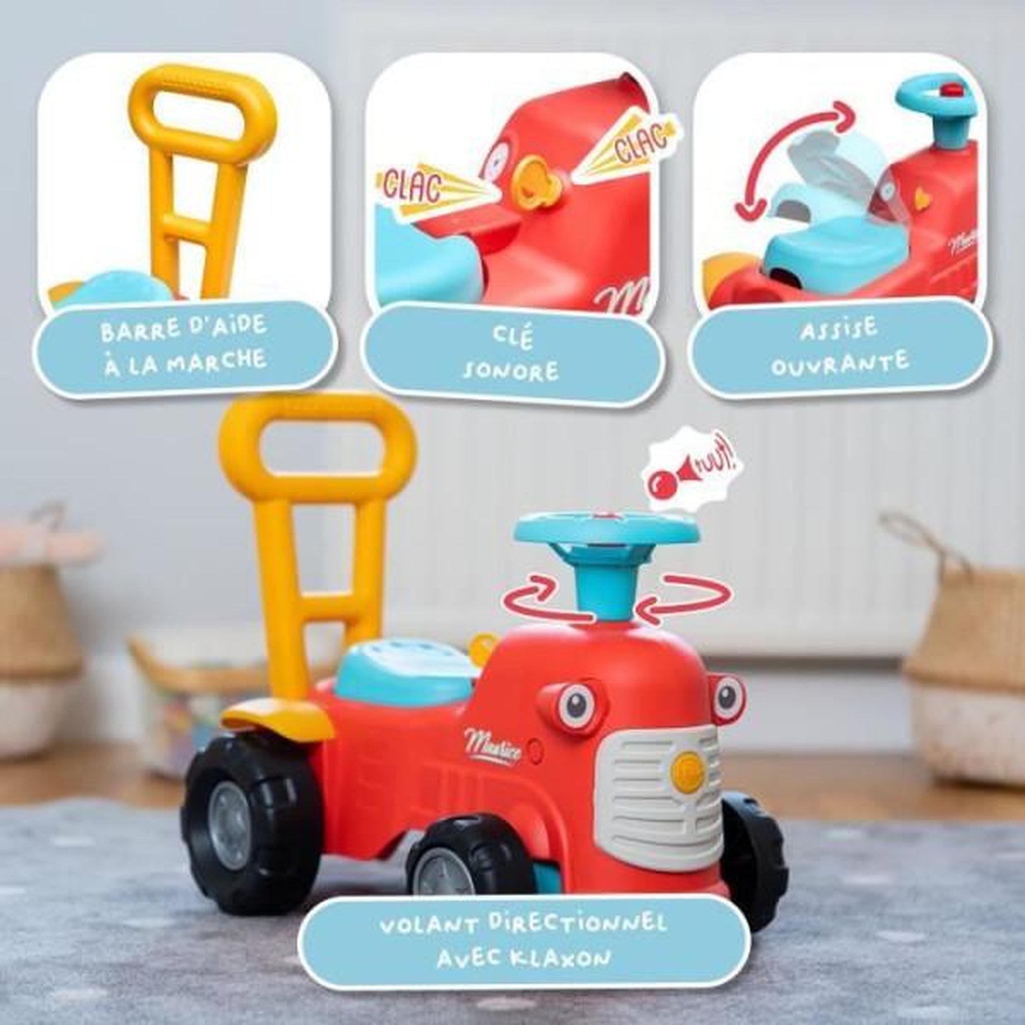 Voir la diapositive 3 : FALK Porteur Trotteur  tracteur Maurice - FALK - Volant directionnel, Assise ouvrante - Fabriqué en France - 90% de plastique recyclé - Des 1
