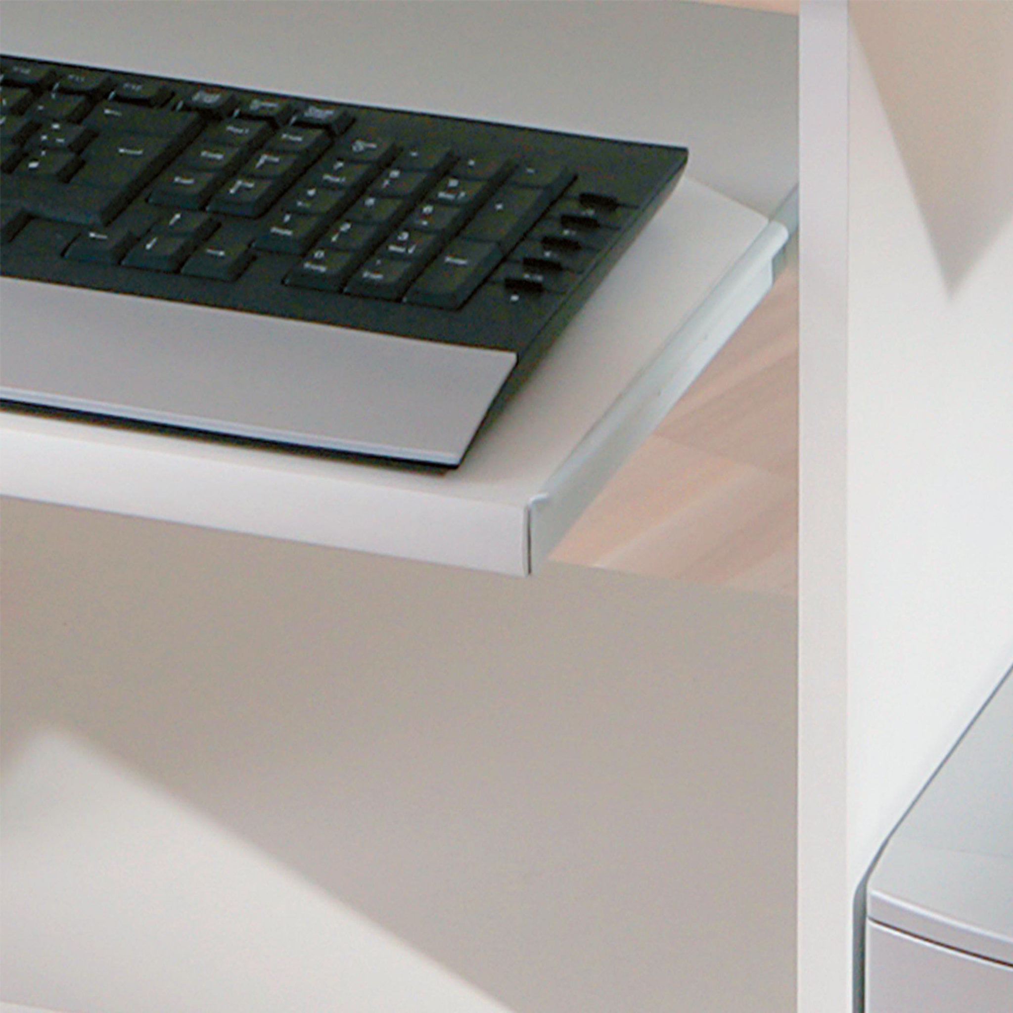 Voir la diapositive 4 : Bureau droit informatique avec tablette coulissante et roulettes L80cm  ADRIEN