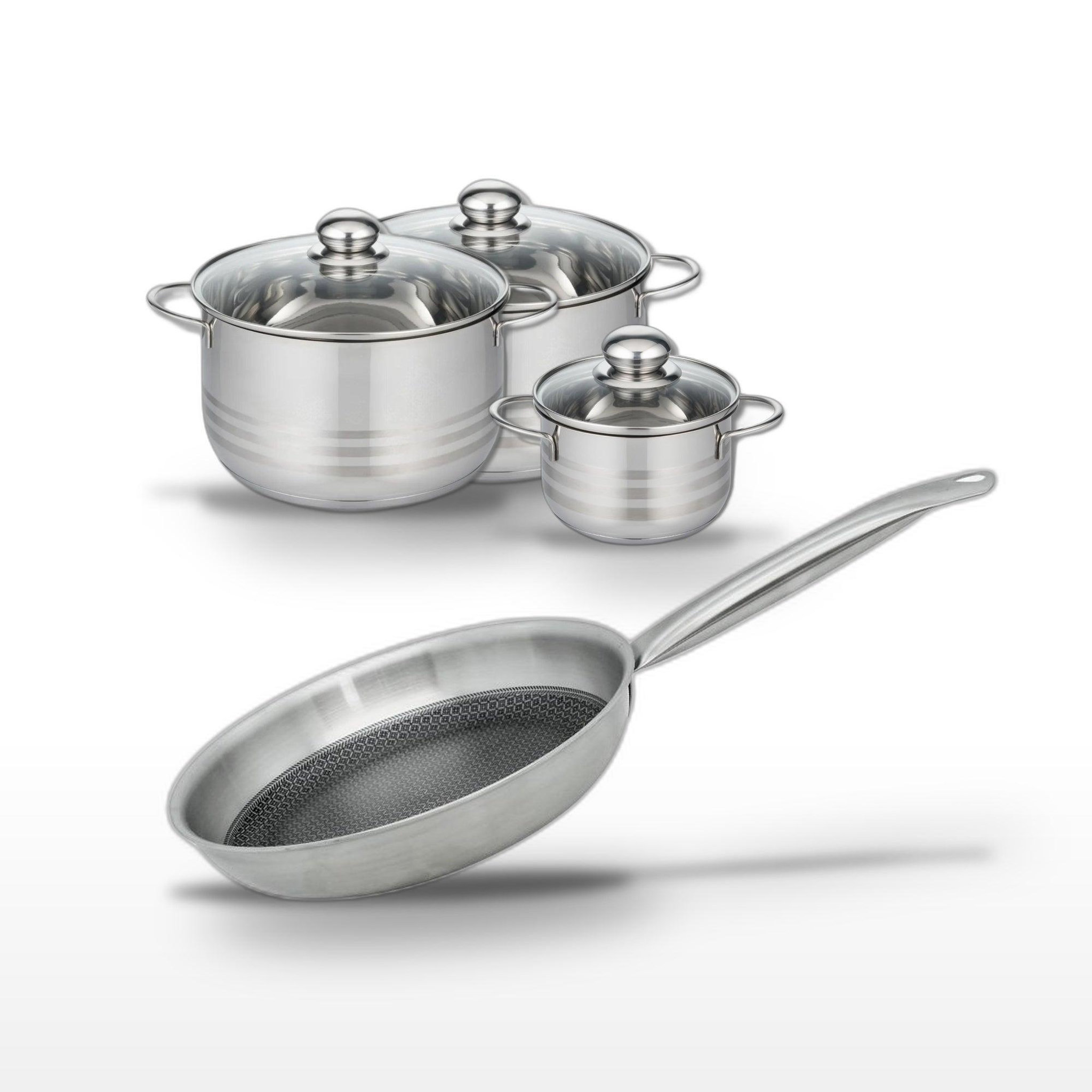 ELO Batterie de cuisine avec 1 poêle 24 cm et 3 faitouts 14/20/24 cm en inox sans pfas elo collection relief solution brillant