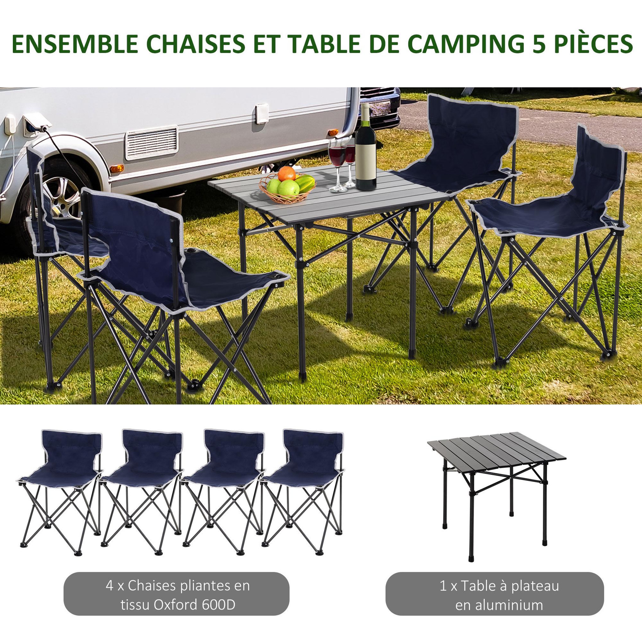 Voir la diapositive 4 : OUTSUNNY Table de camping + 4 chaises + sac de transport - pliant léger petit portable - pour pique-nique, festival, barbecue, randonnée, pêche - acier alu. noir Oxford bleu