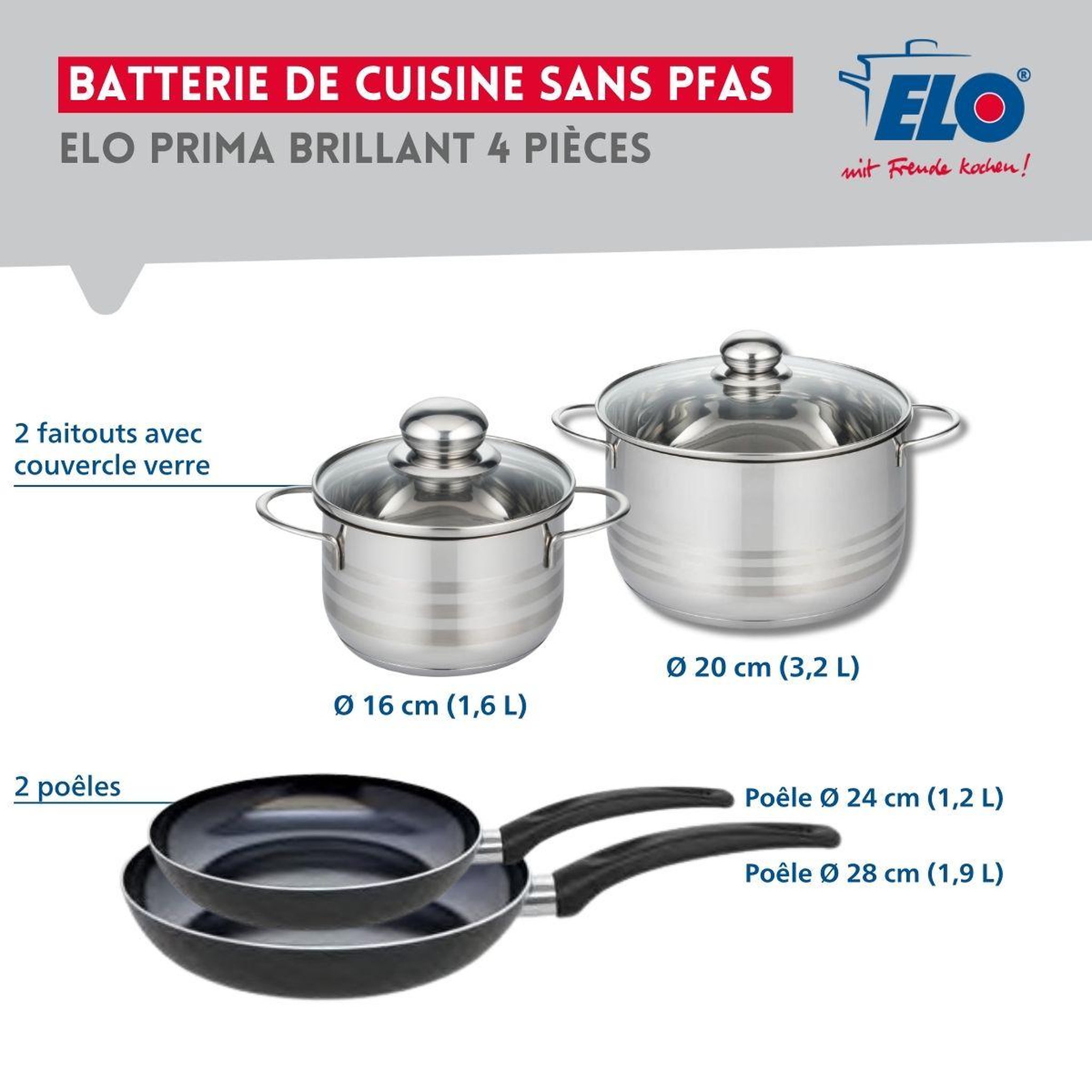 Voir la diapositive 2 : ELO Ensemble de 2 poêles de cuisson 24 et 28 cm et 2 faitouts 16 et 20 cm elo prima brillant