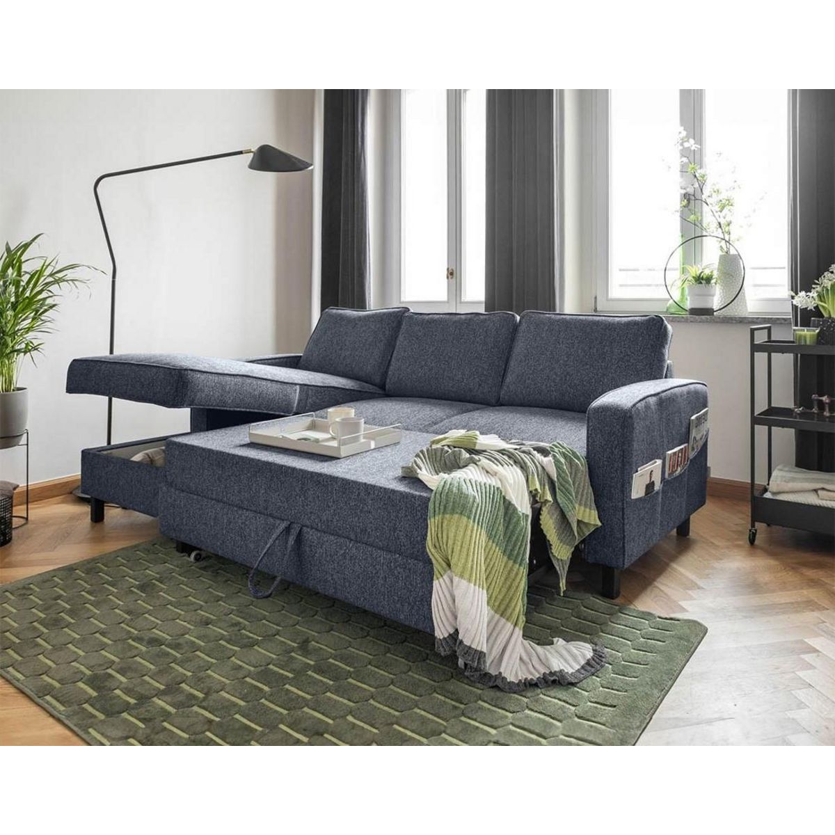 BEST MOBILIER Molly - canapé d'angle gauche 4 places convertible avec coffre en tissu