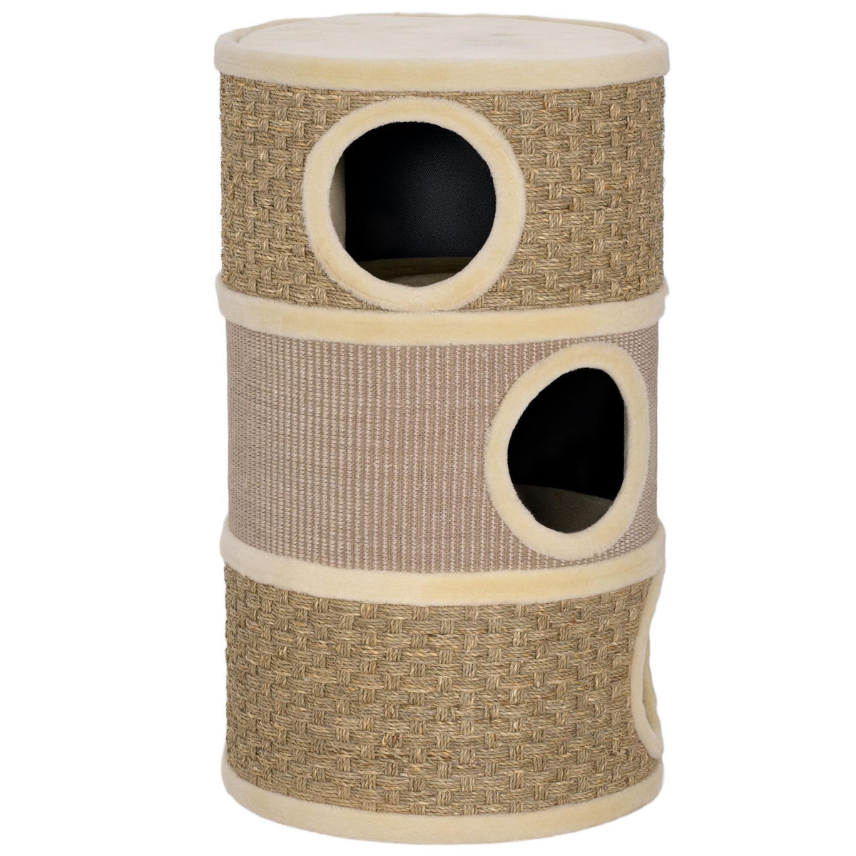 PAWHUT Arbre à chat cylindrique tonneau griffoir - 3 niches + plateforme - sisal corde d'algues beige