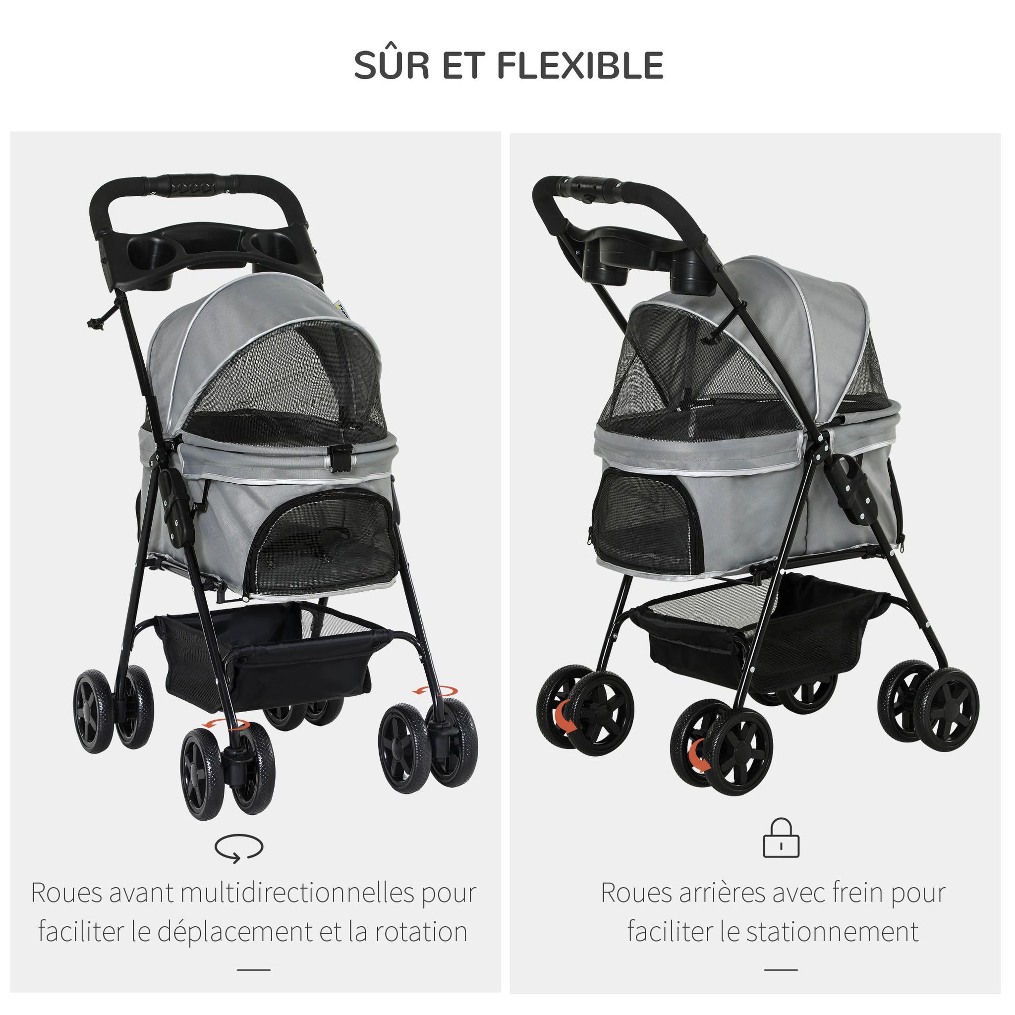 Voir la diapositive 5 : PAWHUT Poussette buggy pliable chien chat panier rangement porte-gobelets tissu 300d oxford imperméable 4 roues gris