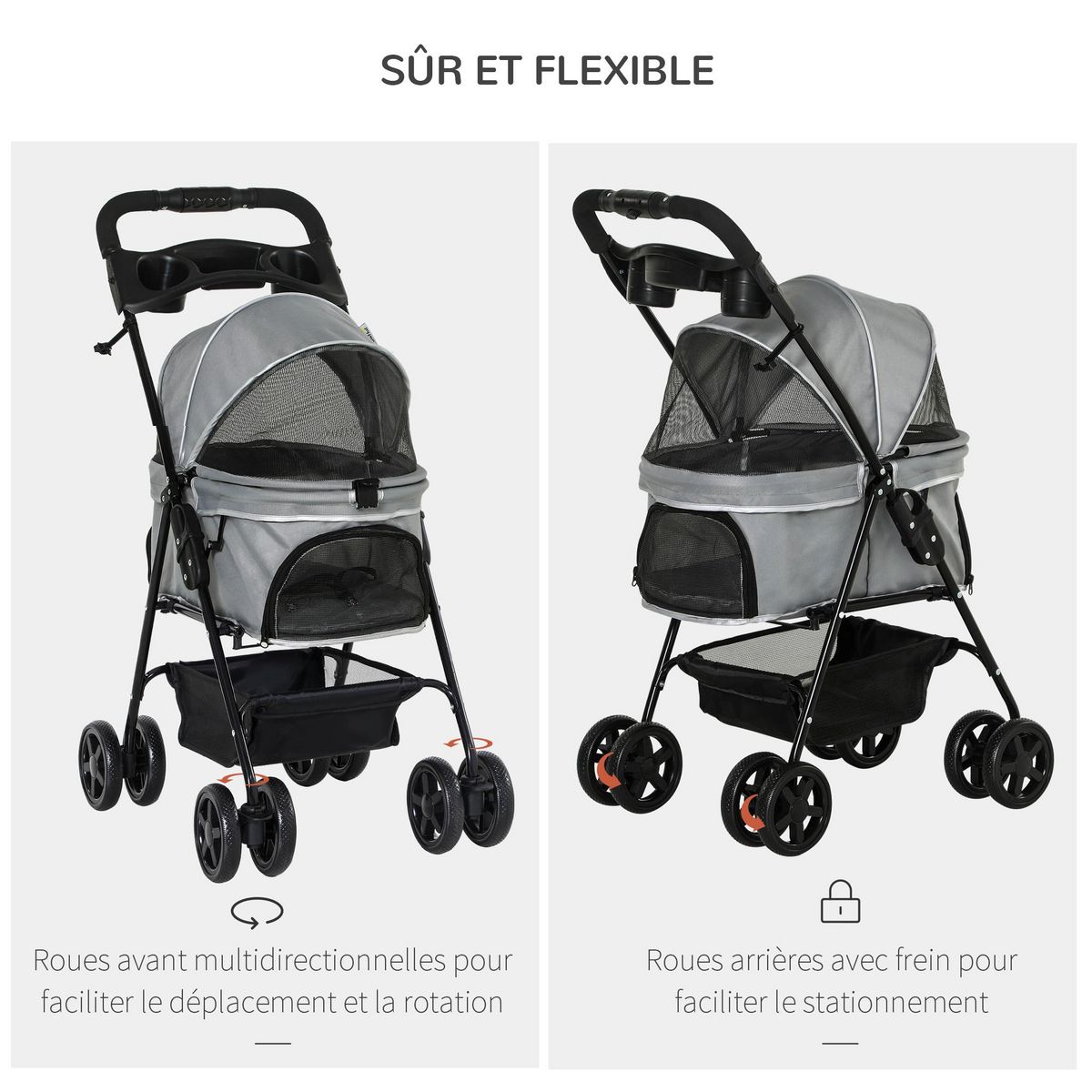 PAWHUT Poussette buggy pliable chien chat panier rangement porte-gobelets tissu 300D Oxford imperméable 4 roues gris