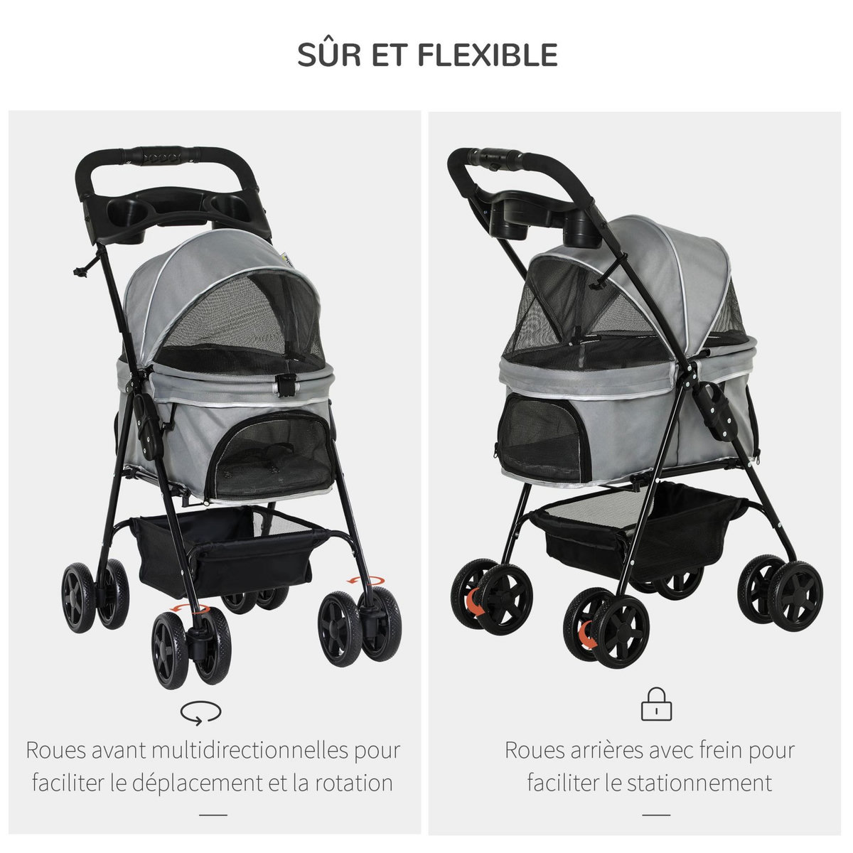 PAWHUT Poussette buggy pliable chien chat panier rangement porte-gobelets tissu 300D Oxford imperméable 4 roues gris