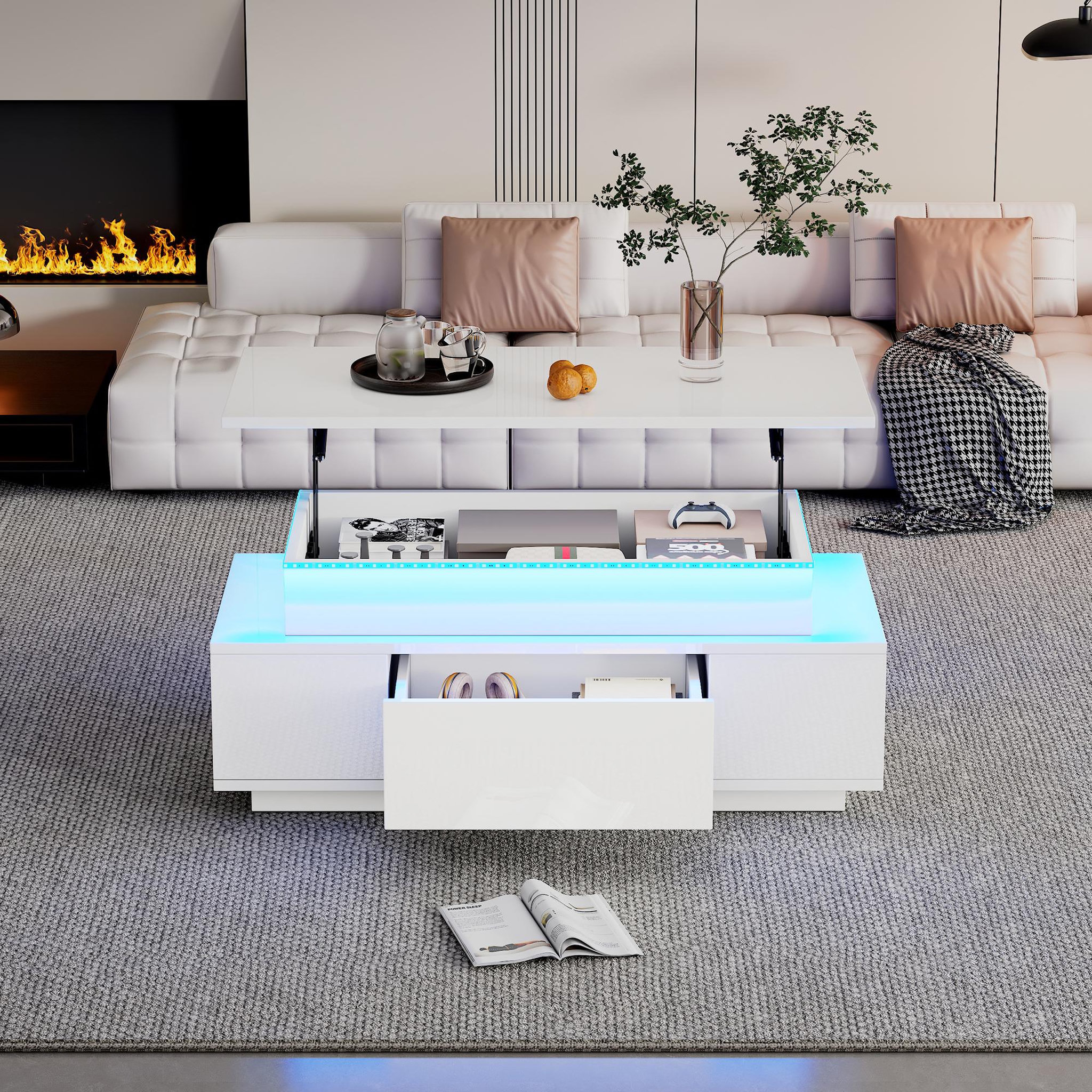 Voir la diapositive 5 : MERAX Table basse relevable rectangulaire blanc - 45x96 cm led panneau de particules