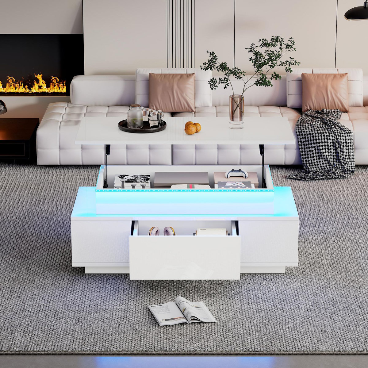 MERAX Table basse relevable rectangulaire blanc - 45x96 cm led panneau de particules