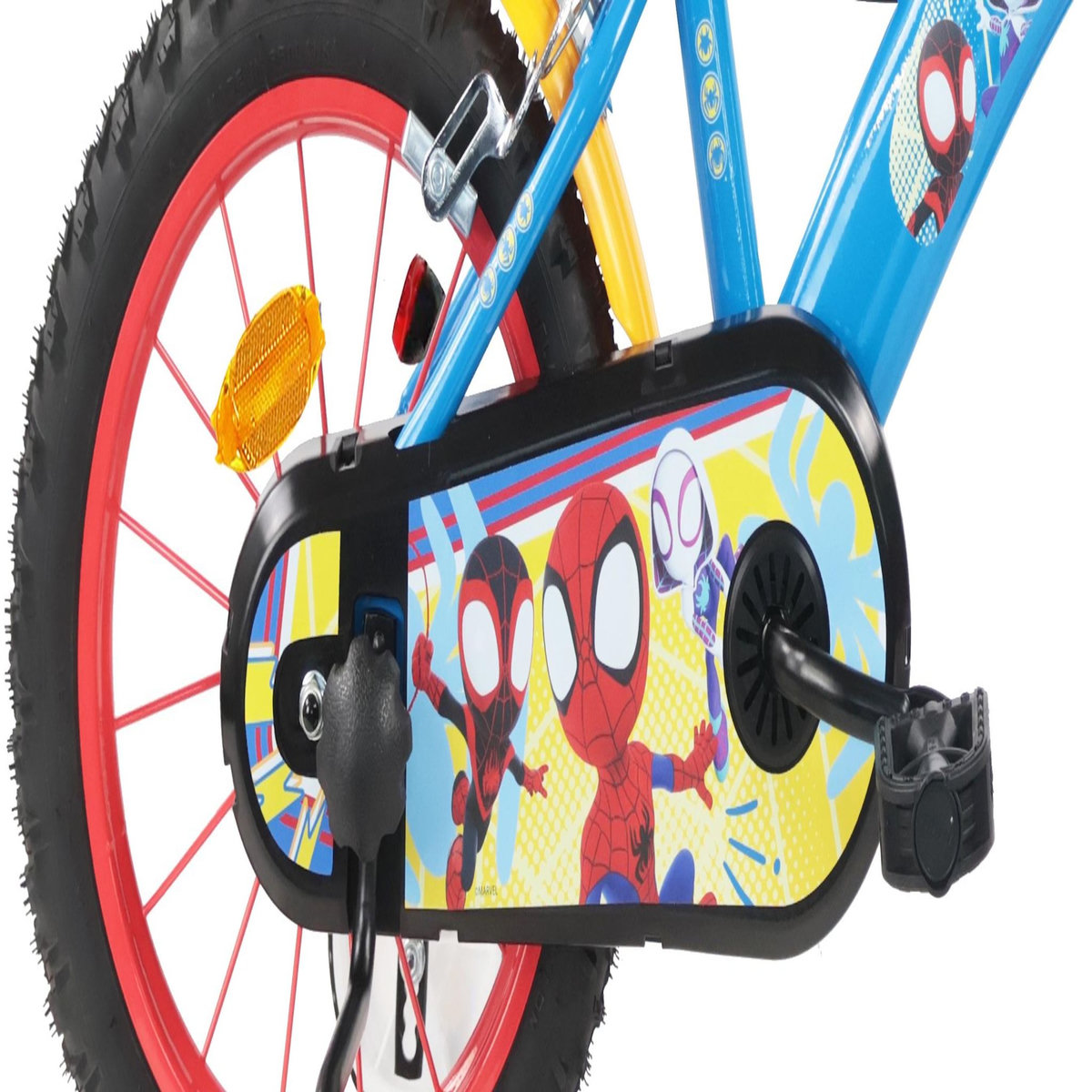 Marvel Vélo enfant 14'' SPIDEY (90 à 105cm) avec 2 freins, plaque avant décorative , bidon arrière, stabilisateurs & pneus gonflables.