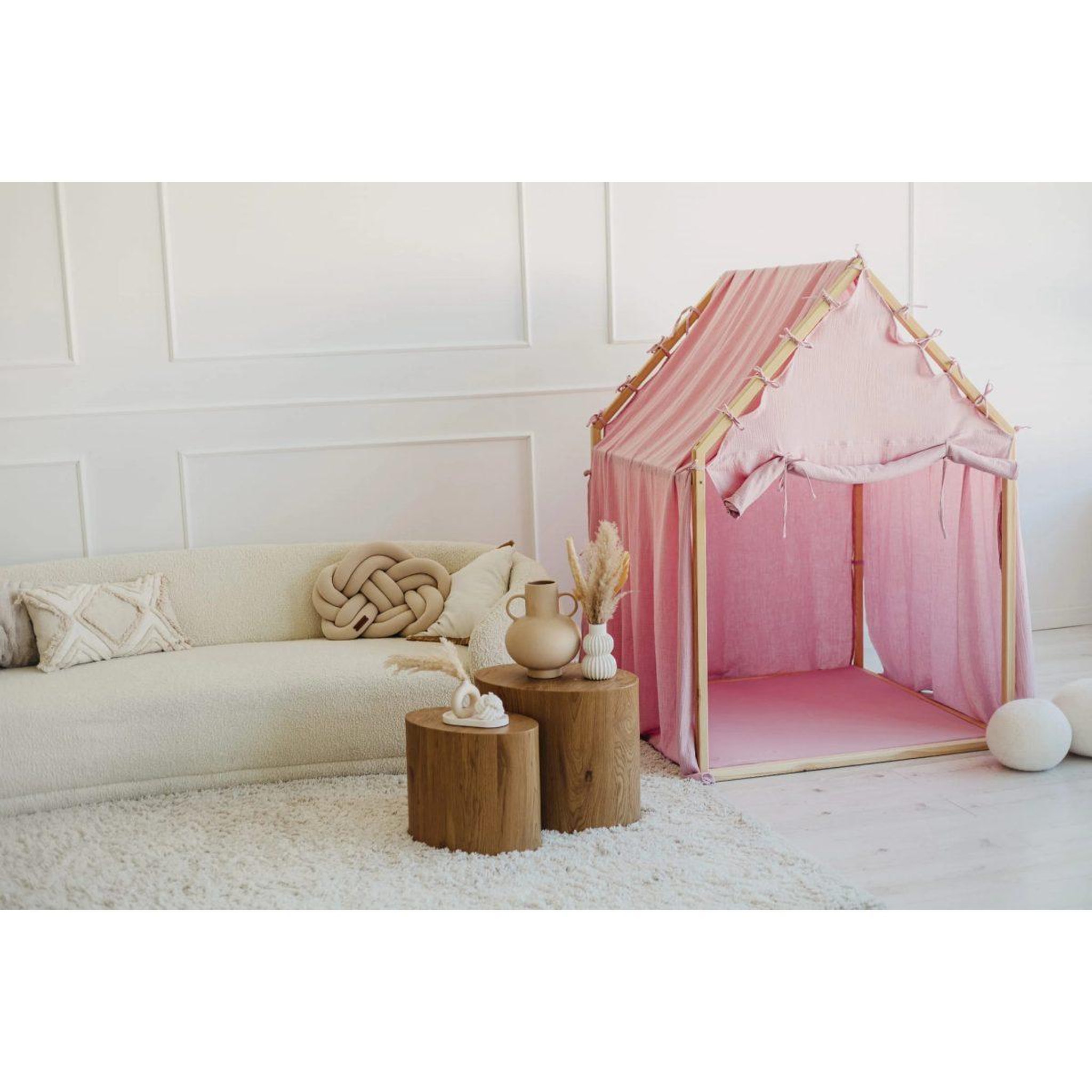 Voir la diapositive 5 : MONIO FOR KIDS Cabane de jeu en bois et mousseline 106 x 106 x 150 cm, store enroulable — Rose