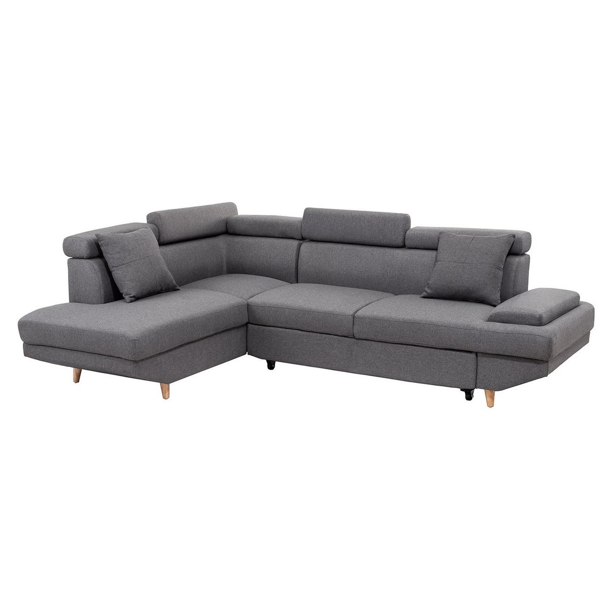 Canapé d'angle gauche convertible 5 places tissu pieds bois clair MARIUS 