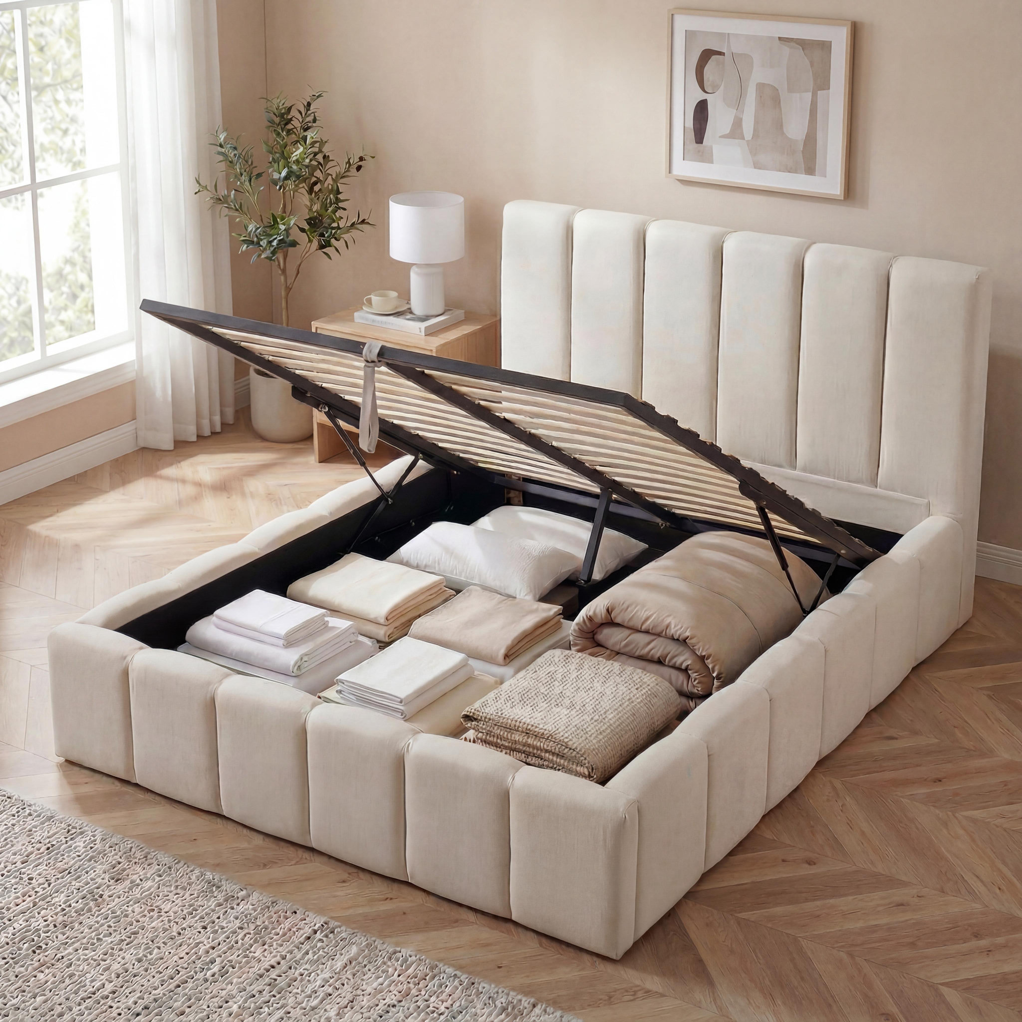 Voir la diapositive 3 : BELLECOUR Bellecour literie | lit coffre beige madeleine 2 places