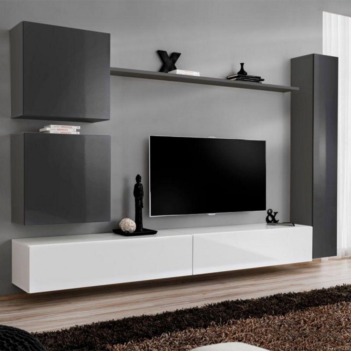 Paris Prix Meuble TV Mural Design  Switch VIII  280cm Gris & Blanc