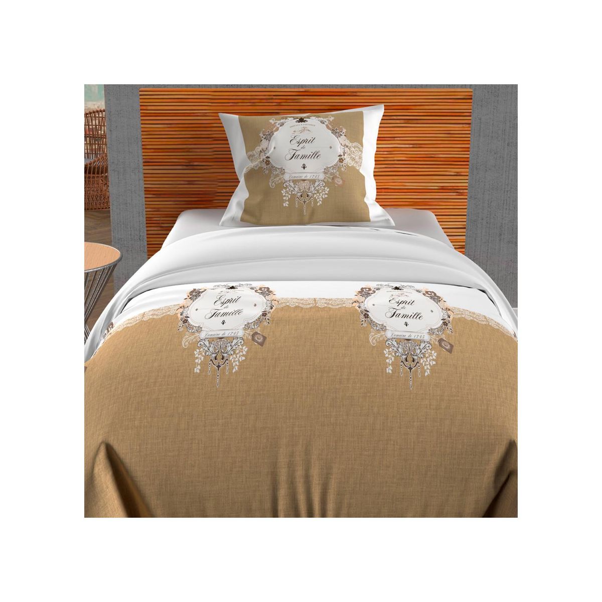 SOLEIL D'OCRE Parure housse de couette 140x200 cm en coton 57 Fils ESPRIT DE FAMILLE taupe, par Soleil d'ocre