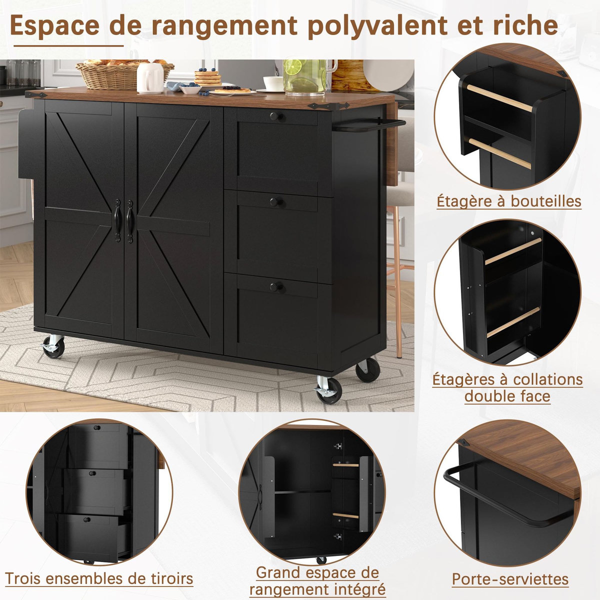 MERAX Desserte 2 portes 3 tiroirs coloris noir mdf
