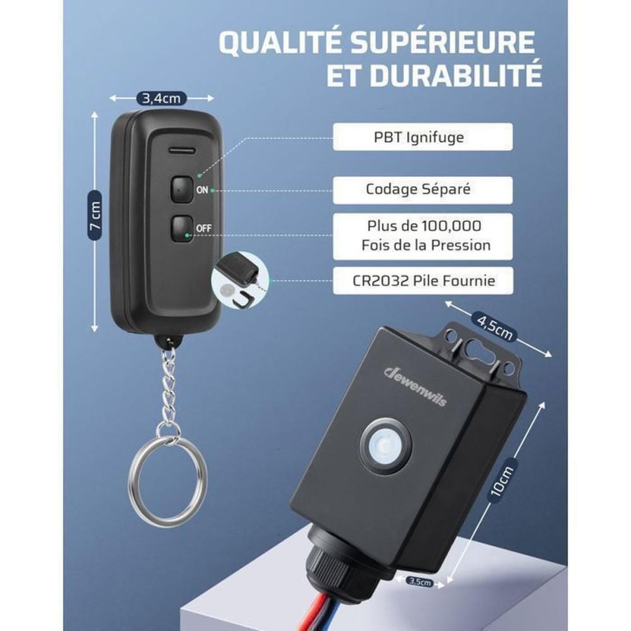 Voir la diapositive 5 : Kit interrupteur sans fil IP65 1 récepteur 30 m 433,92 MHz pour extérieur/intérieur, commande ON/OFF, charge max 3000 W, courant 15 A