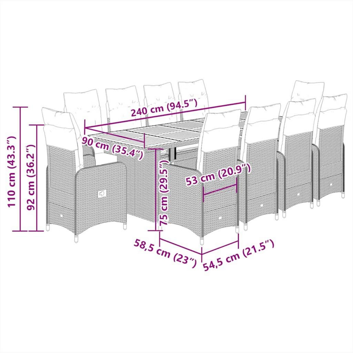 VIDAXL Ensemble de bistro de jardin 9 pcs coussins noir poly rotin