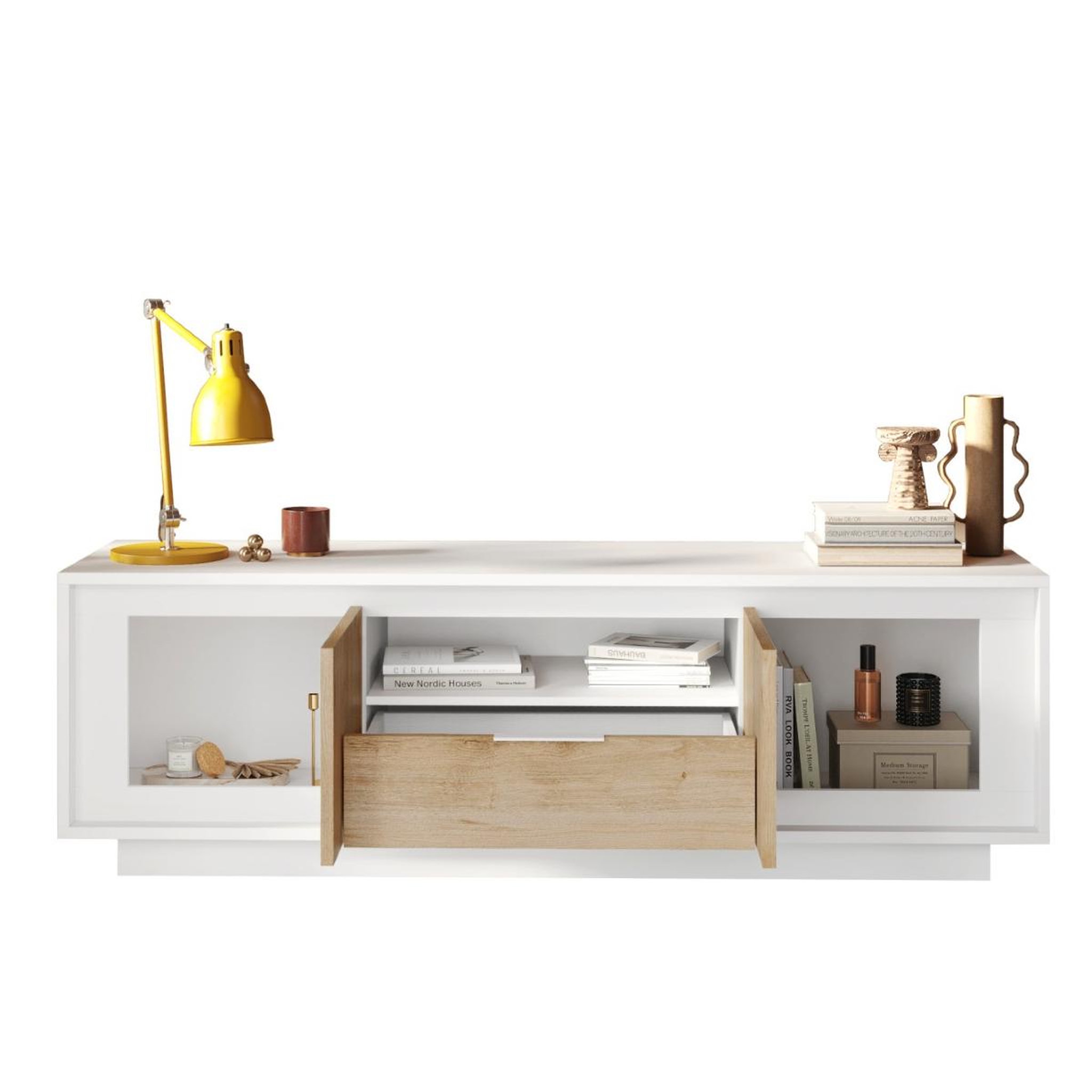 Voir la diapositive 3 : JLC KREATION Meuble tv contemporain 180cm blanc et bois clair yori