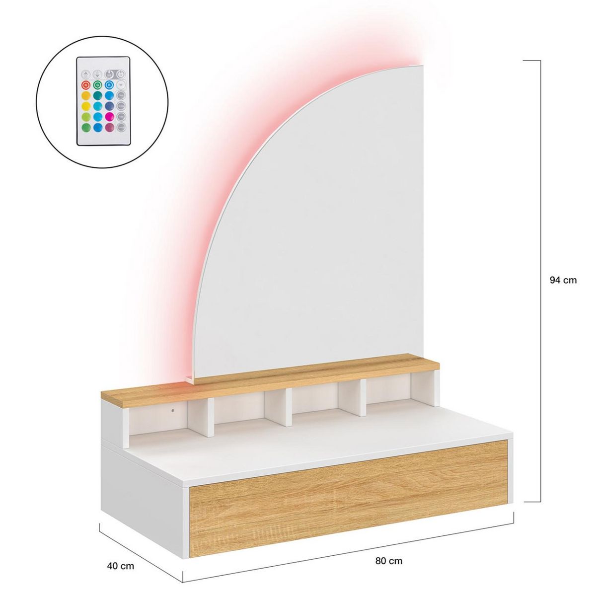 ID MARKET Coiffeuse suspendue ZELIA miroir LED avec 4 niches, 1 tiroir bois et blanc