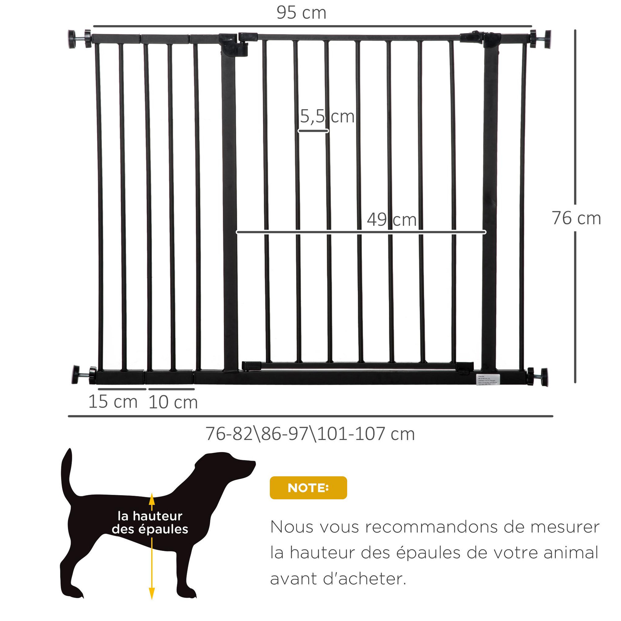 Voir la diapositive 3 : PAWHUT Barrière de sécurité longueur réglable dim. 76-107l x 76h cm sans perçage métal plastique noir