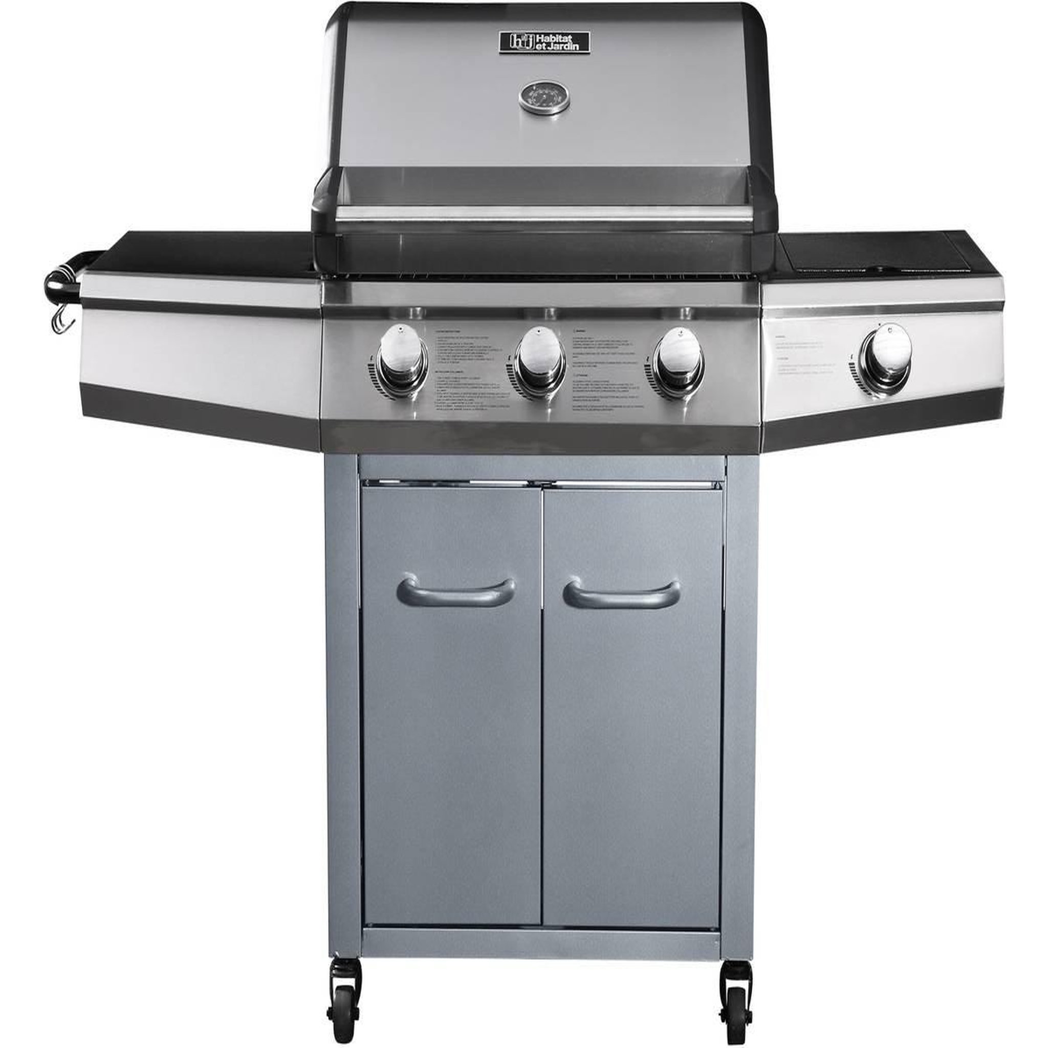 Voir la diapositive 2 : Habitat et Jardin Barbecue gaz  bingo 4  - 4 brûleurs dont 1 latéral - 14kw + housse protection - argenté