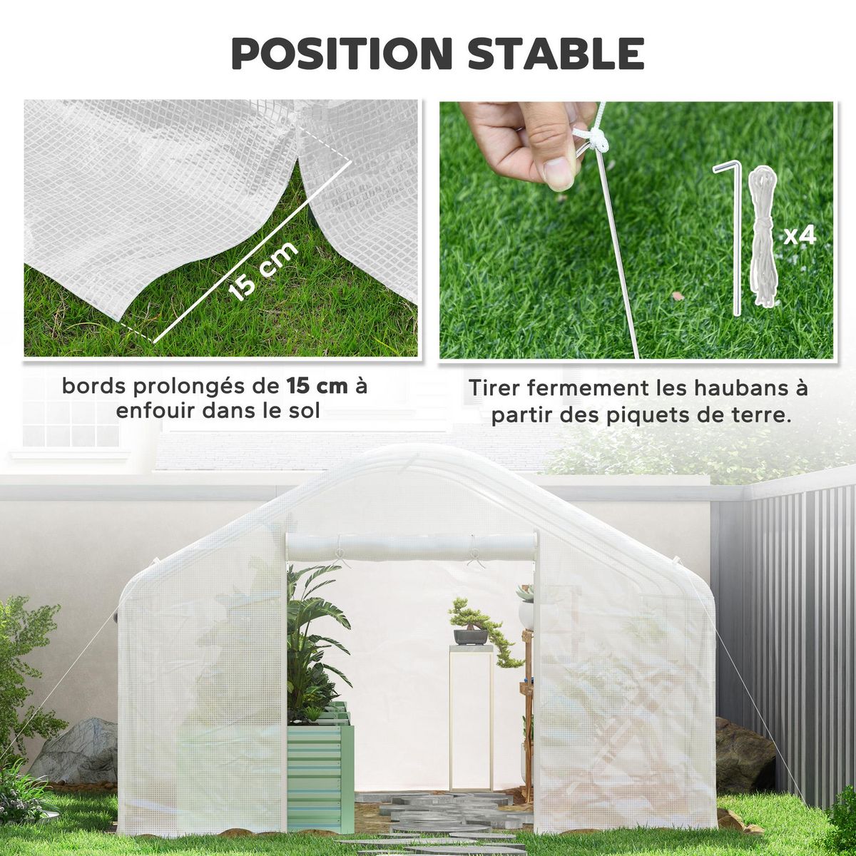 OUTSUNNY Serre de jardin 12 m² - serre tunnel 4 x 3 x 2 m porte 2 grandes fenêtres enroulables maillées acier galvanisé PE blanc