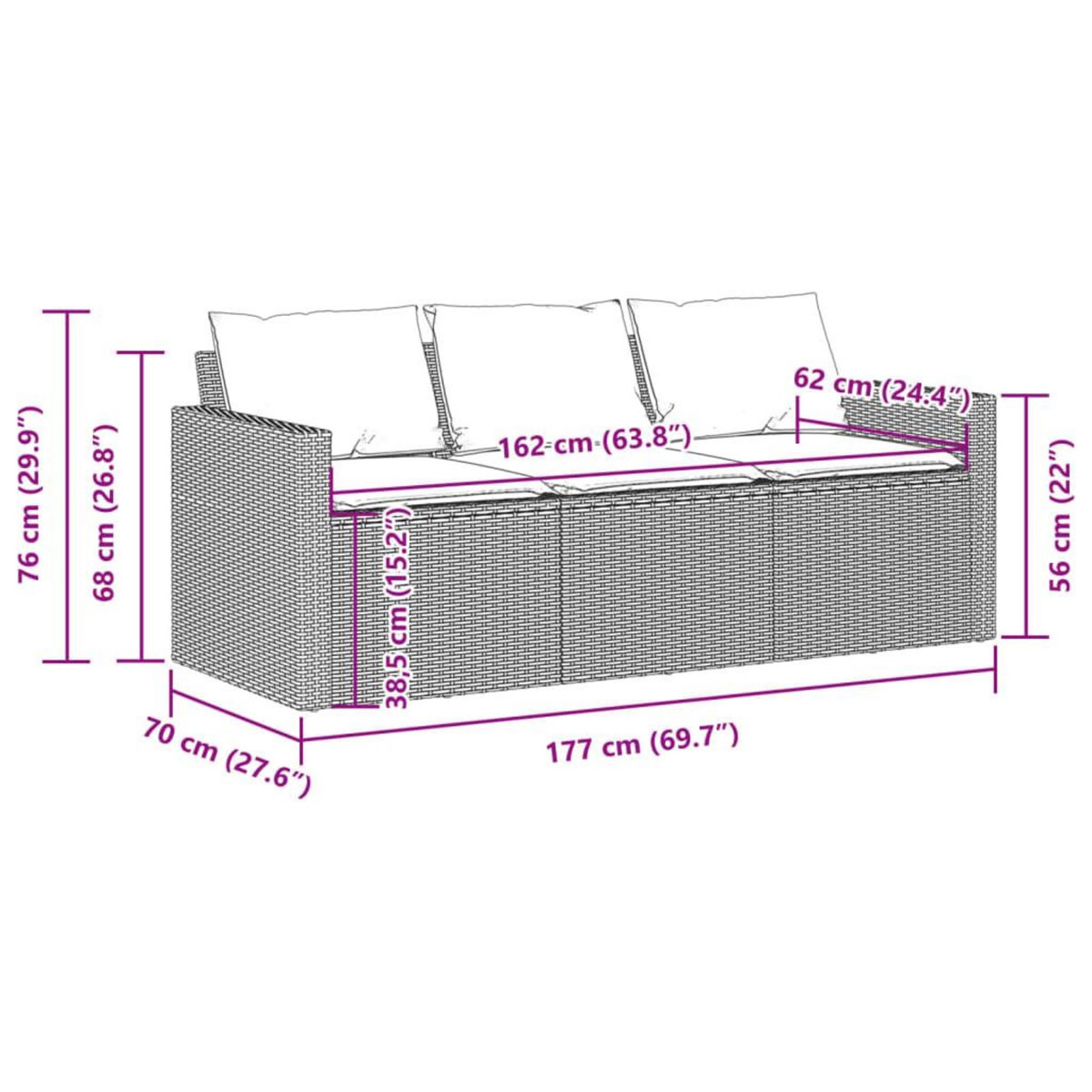 VIDAXL Canape de jardin avec coussins 3 places noir resine tressee