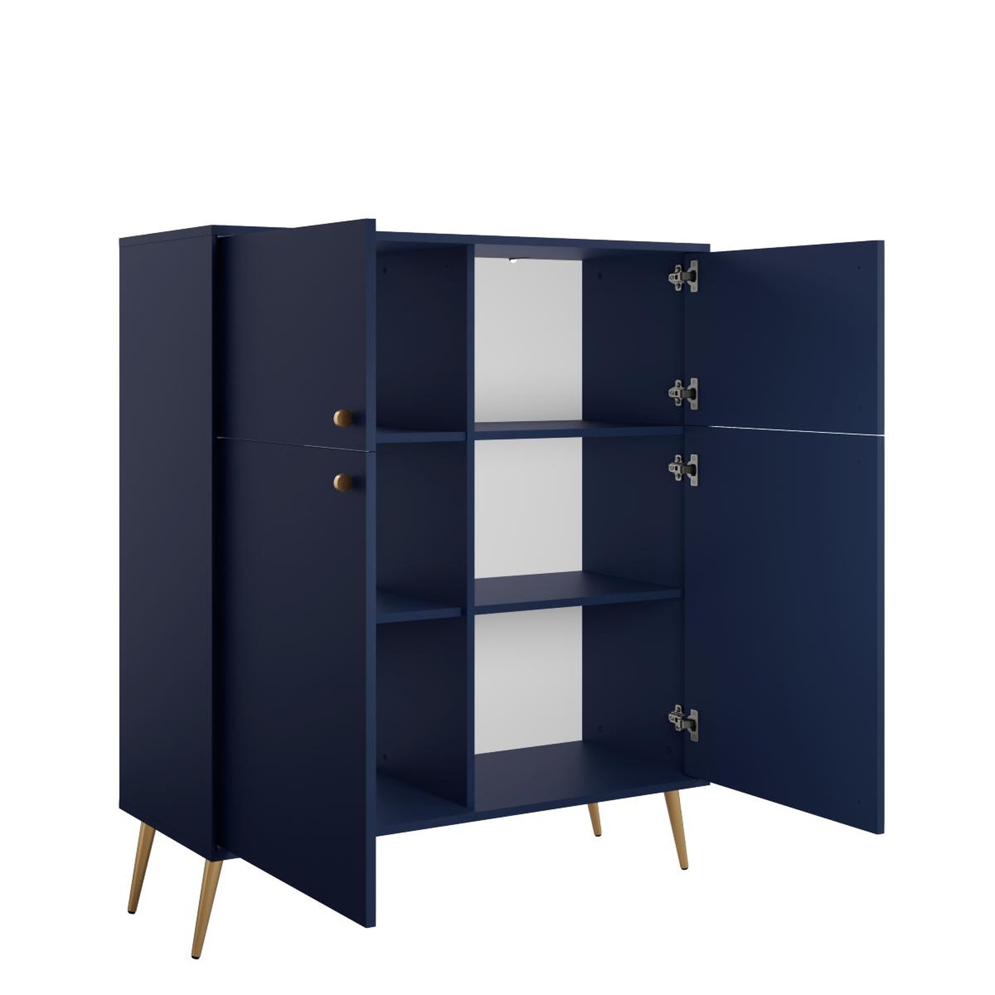 Voir la diapositive 3 : JLC KREATION Buffet haut moderne 4 portes bleu et pied doré ezia