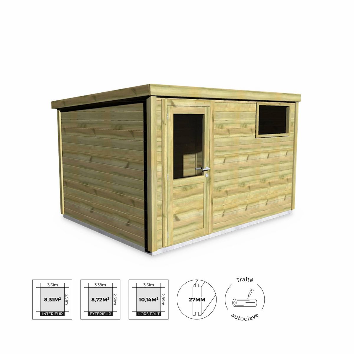 SWEEEK Abri de jardin contemporain 3.3 x 2.5m traité autoclave classe 3. Chamrousse en bois de 10.15m². structure en bois sylvestre 27mm. sapin du nord