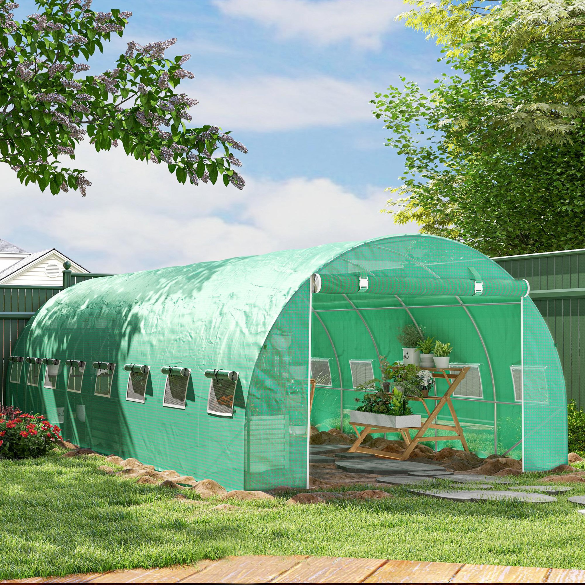 Voir la diapositive 2 : OUTSUNNY Serre tunnel 24m² dim. 8l x 3l x 2h m - 16 fenêtres, porte zippée - acier galvanisé pe haute densité vert