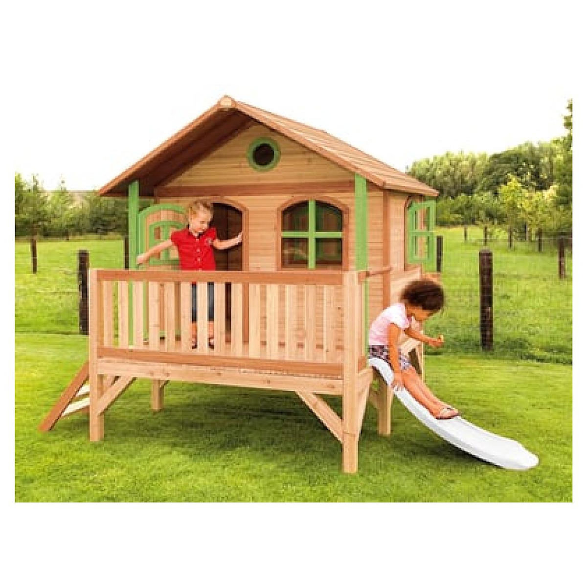 Axi House Maisonnette Stef marron-vert toboggan blanc