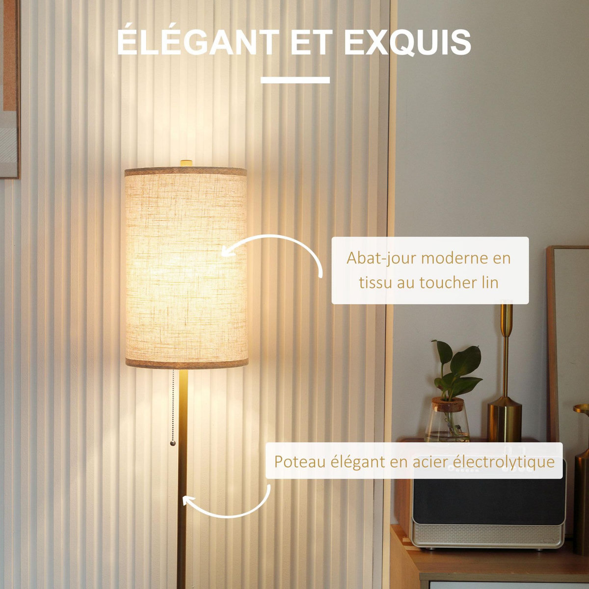 HOMCOM Lampadaire design néo-rétro 40 W max. piètement mât acier doré abat-jour lin crème