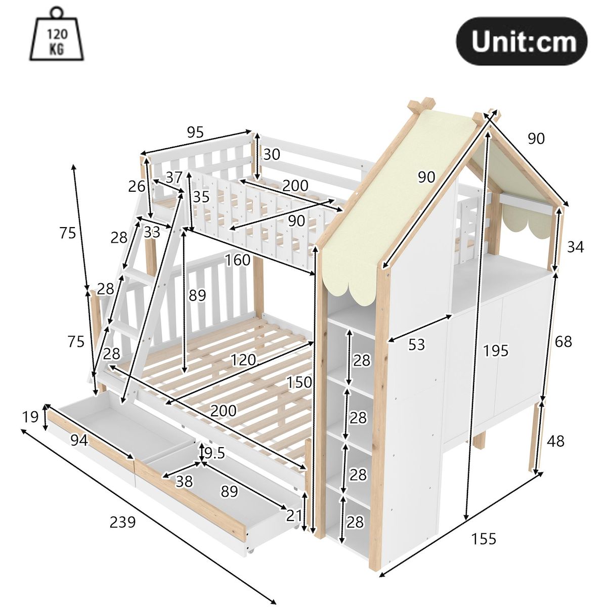MERAX Lit superposé 140x200(90x200) cm coloris blanc+naturel pin