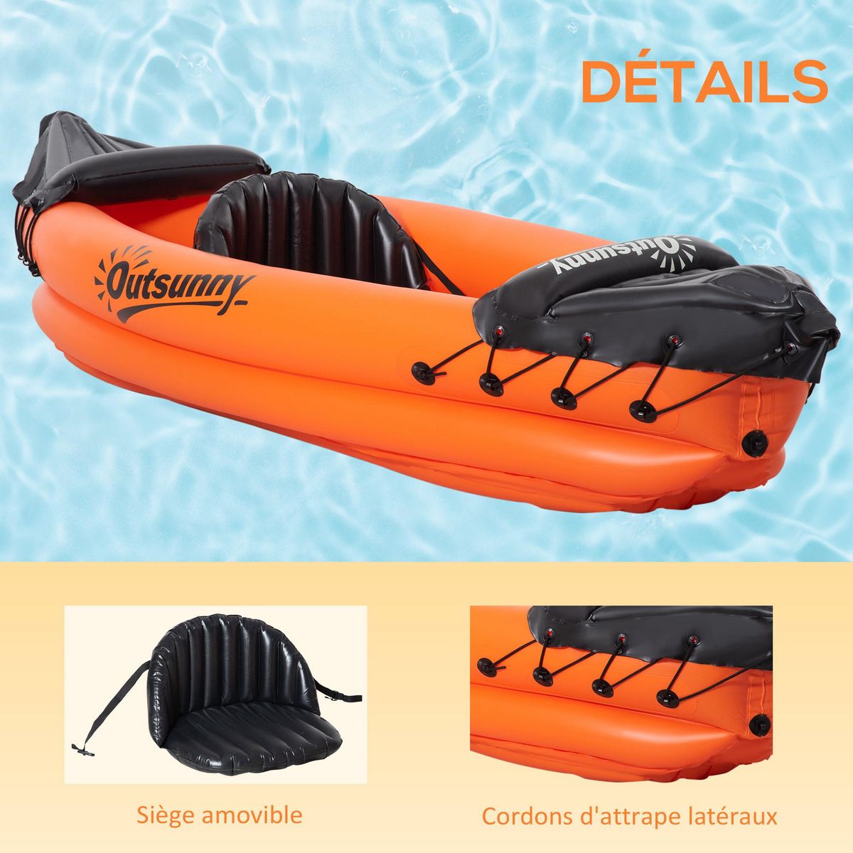OUTSUNNY Canoé kayak gonflable 1 personne - gonfleur et rame en aluminium inclus - PVC orange noir