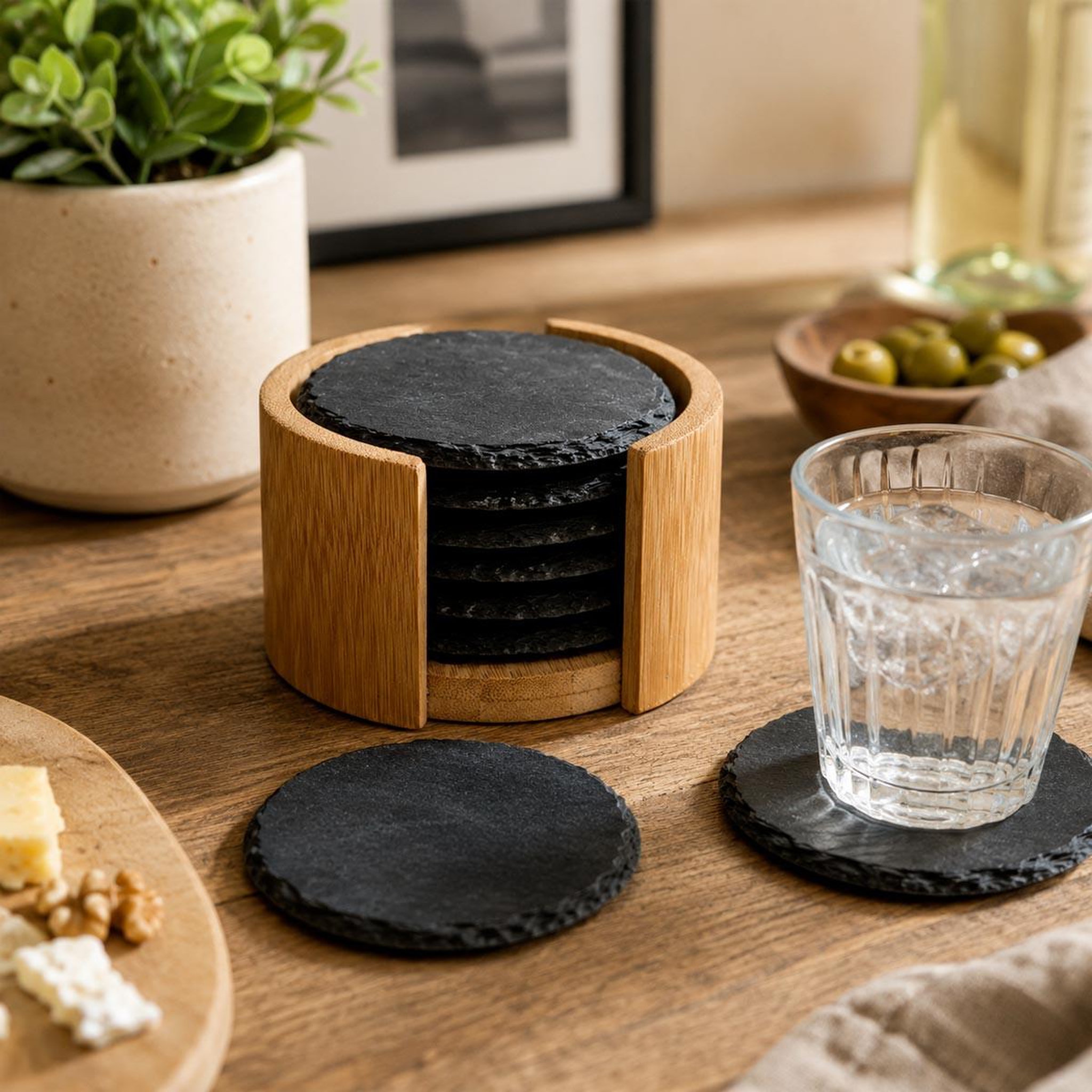Voir la diapositive 3 : SECRET DE GOURMET Lot de 6 dessous de verre  ardoise  10cm noir