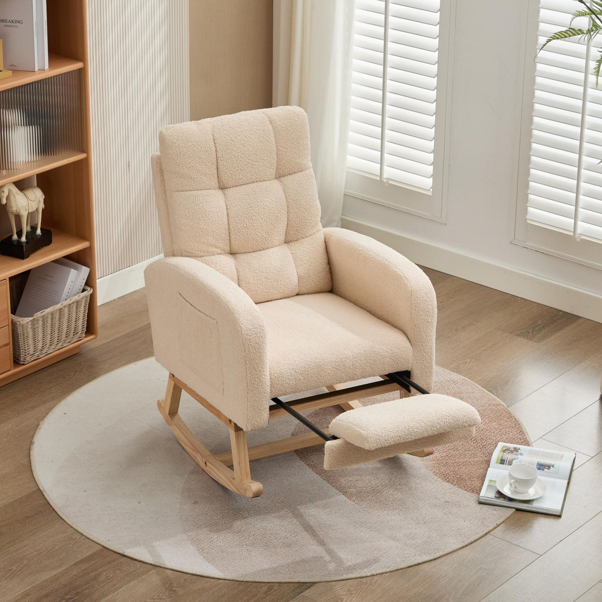 MERAX Fauteuil à Bascule Rocking Chair Avec Repose-pieds Teddy Beige