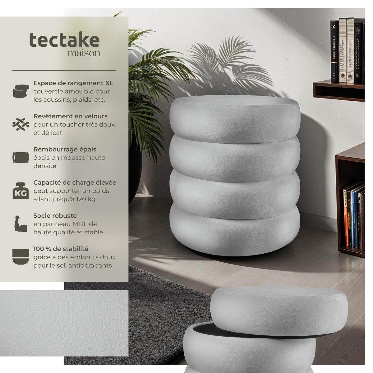tectake Tabouret avec espace de rangement rond Aspect velours gris
