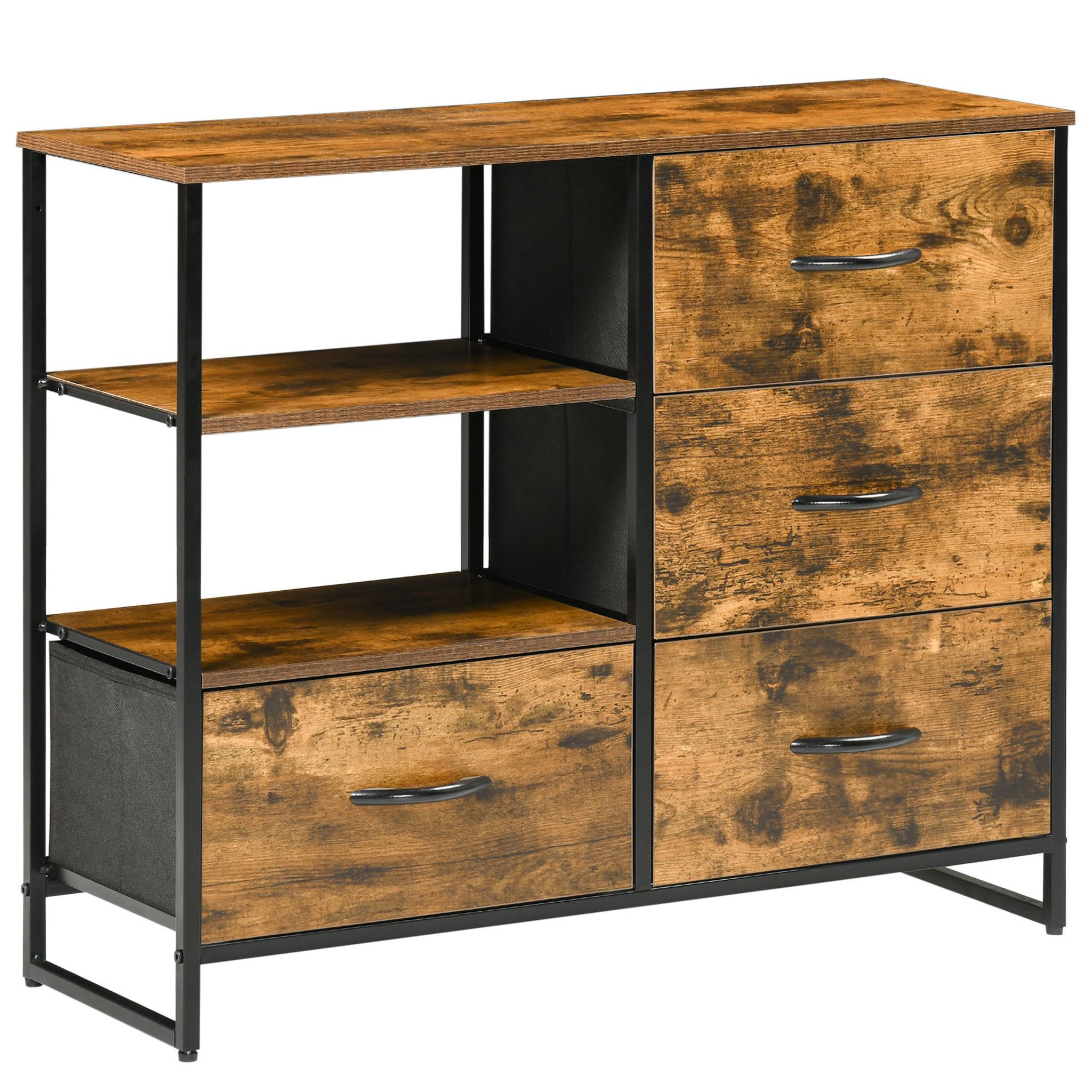 Voir la diapositive 1 : HOMCOM Buffet design industriel - 4 tiroirs, 2 niches, plateau - châssis acier noir MDF aspect bois avec veinage