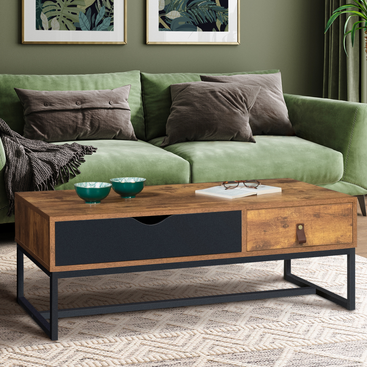 ID MARKET Table basse rectangulaire CHICAGO 2 tiroirs design industriel