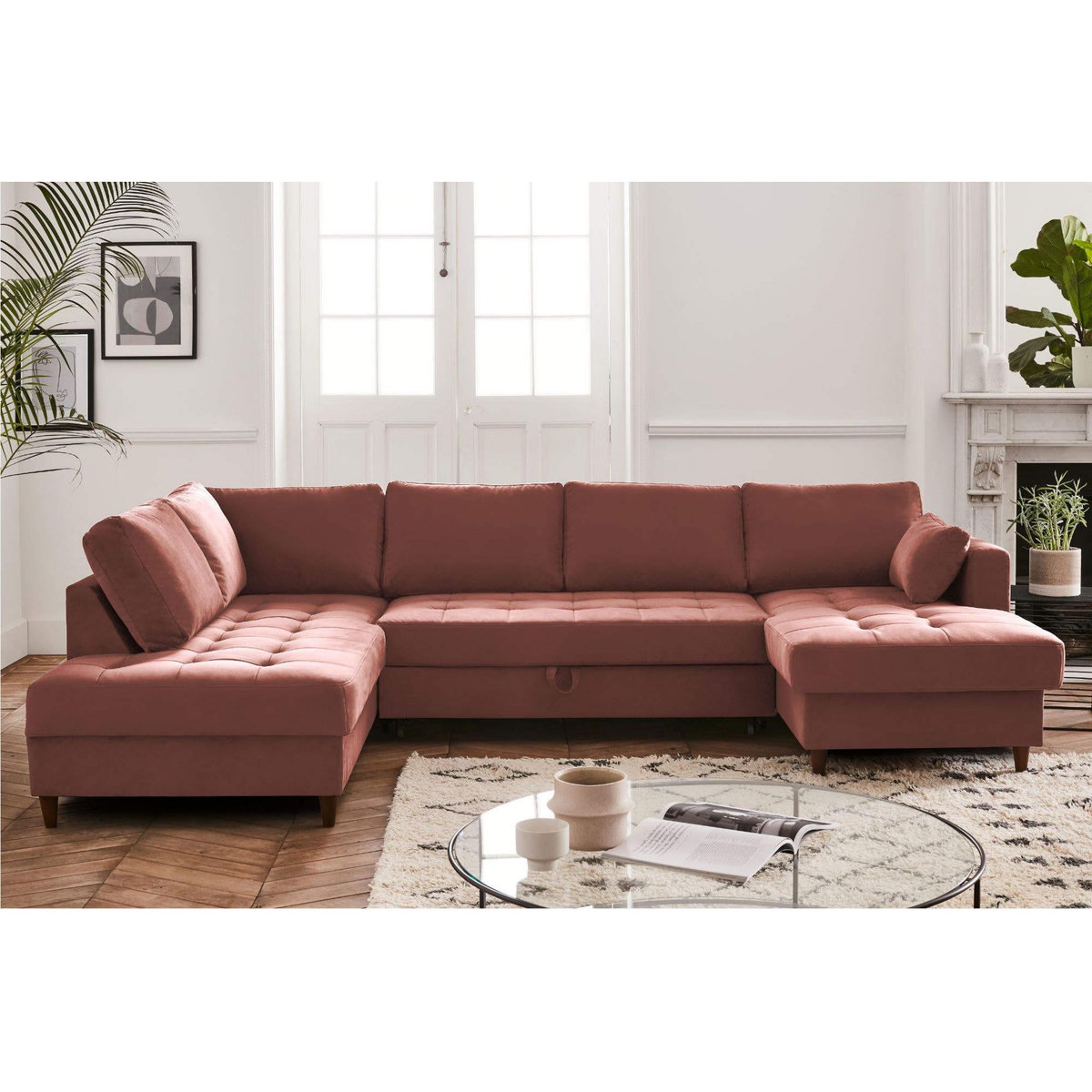 LISA DESIGN Anna - canapé panoramique d'angle gauche - 7 places - convertible avec coffre - en velours