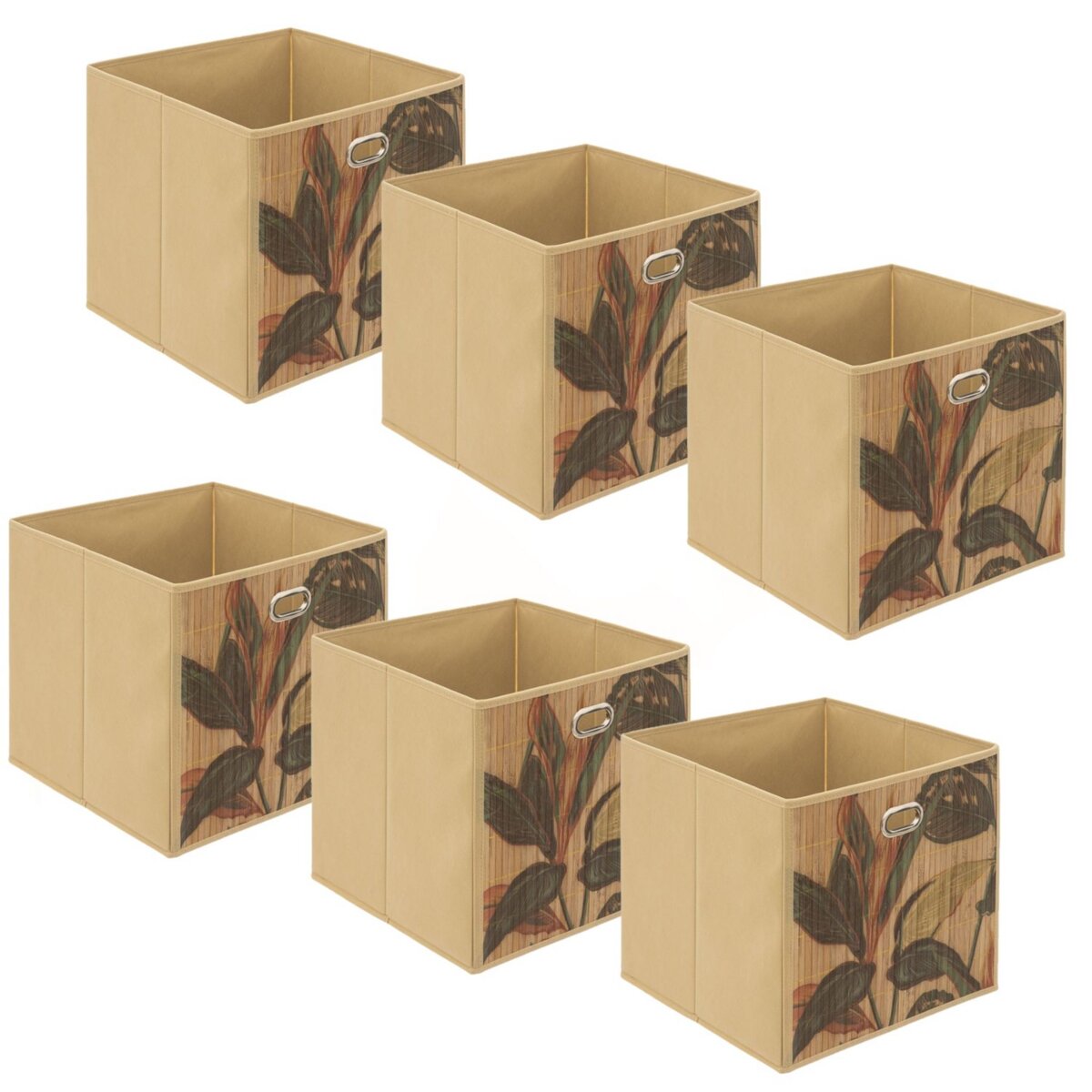 TOILINUX Lot de 6 Boîtes de rangement imprimé tropical en bambou et tissu Palawan - Marron et noir