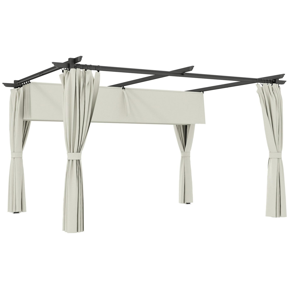 OUTSUNNY Pergola 3 x 4 m toile toit rétractable 4 rideaux ajustables métal noir polyester haute densité 180g/m² crème