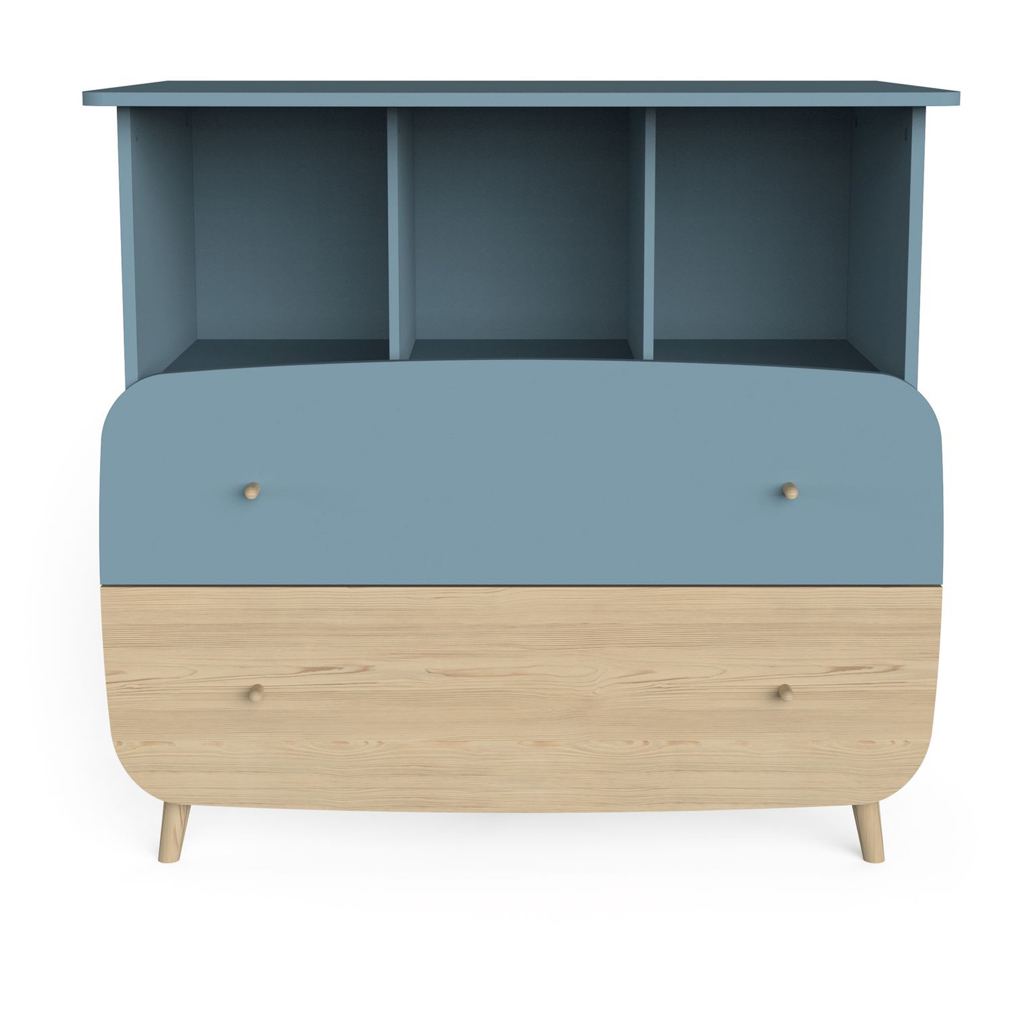 Voir la diapositive 2 : Commode bébé 2 tiroirs 3 niches bleu LINIA 