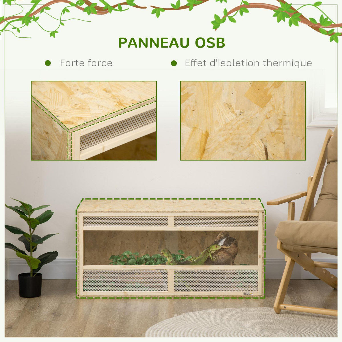 PAWHUT Terrarium - vivarium reptiles - 2 portes coulissantes verre trempé - parois frontales maillées - métal OSB